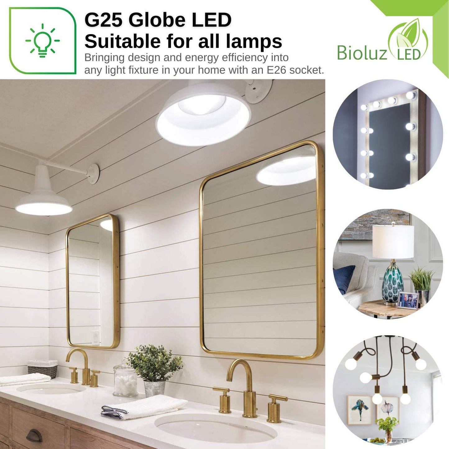 Bioluz LED G25 Globe Vanity Light Bulbs, 60W Equivalent, 2700K Warm White, 90 CRI, 450 Lumens, Dimmable, E26 Base - Bathroom Mirror Lighting 6 Pack