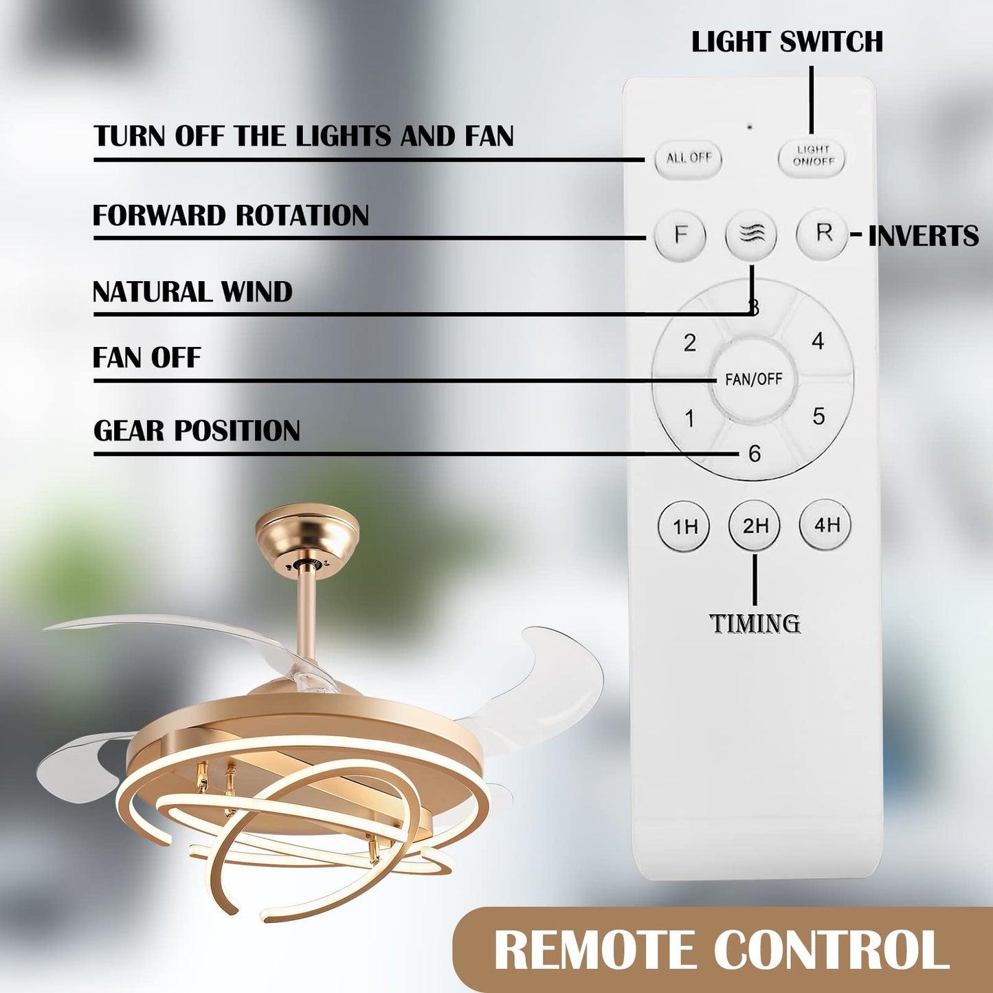 LWestine 42" Retractable Ceiling Fans with Lights Remote Control, Modern Ceiling Fan Rings LED Chandeliers, Invisible Ceiling Fans Fandelier with 4
