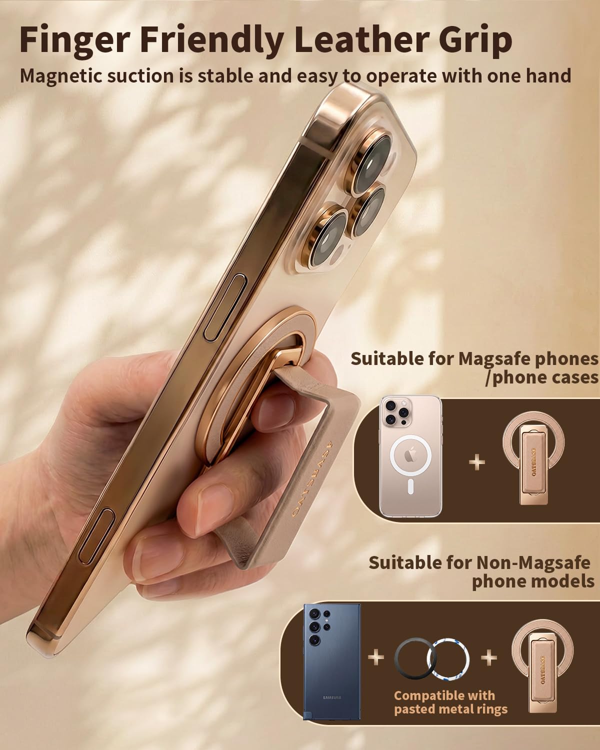 nediea Magnetic Phone Ring Holder, PU Leather Strap for Pain-Free Grip, MagSafe Phone Grip & Stand with Kickstand, 0-180° Adjustable, Auto Snap-Back