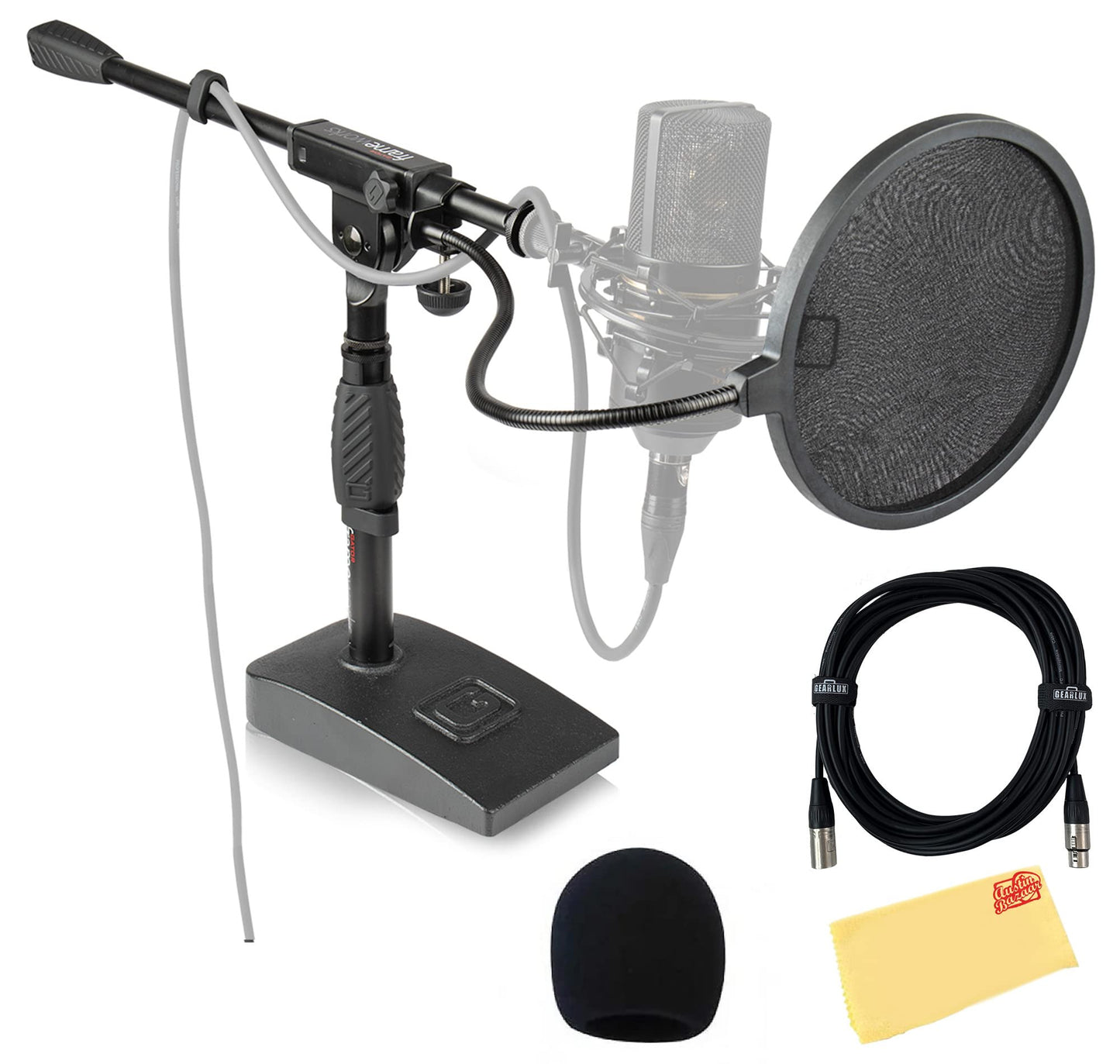 Gator Frameworks GFW-MIC-0821 Bass Drum and Amplifier Microphone Stand with Single-Section Boom and Weighted Base Bundle with Windscreen, XLR Cable