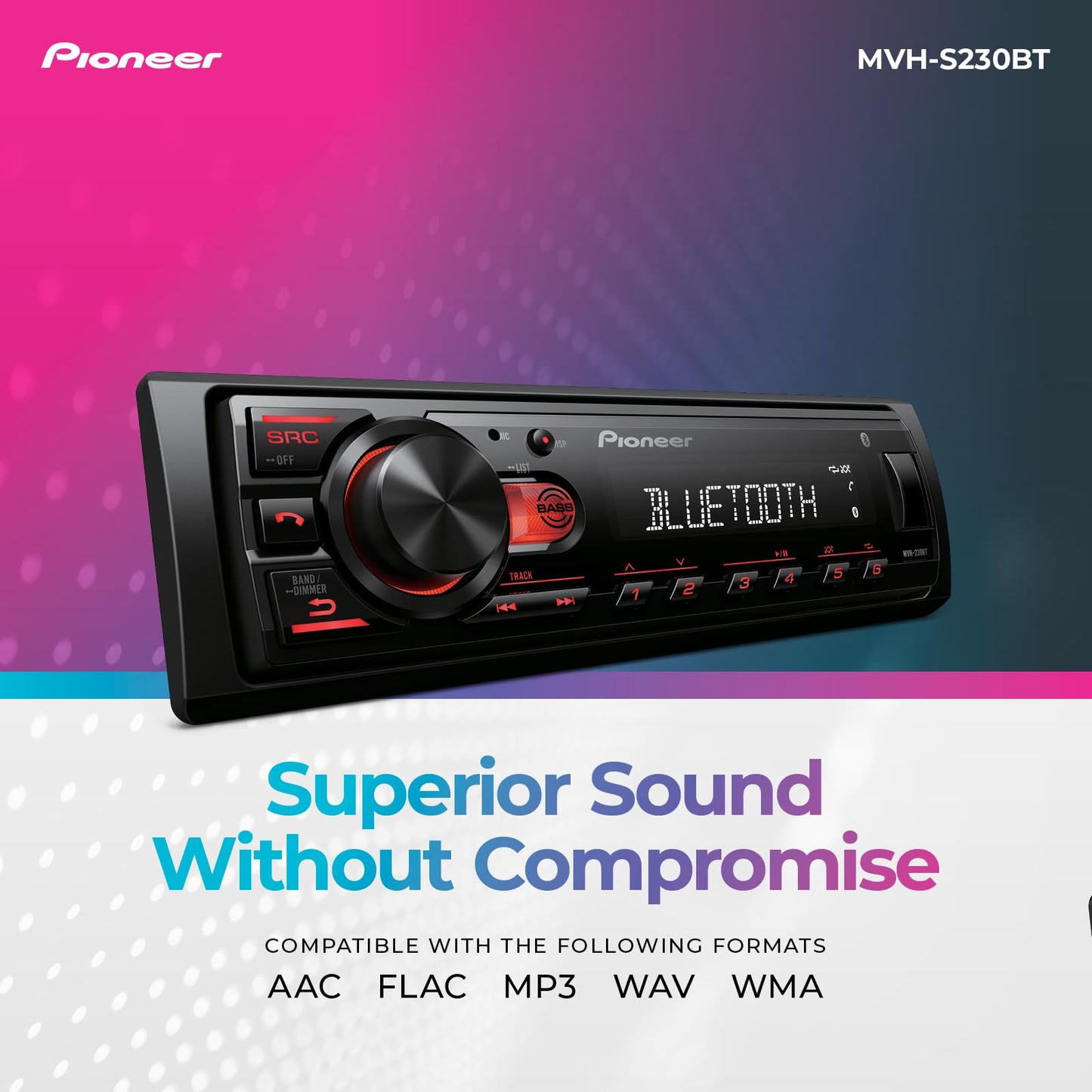 Pioneer MVH-S230BT 1-Din Digital Media Receiver - Bluetooth, USB, 50W x 4 Output, AM/FM Radio, iPhone/Android Compatible, Front/SW (Mono) Selectable