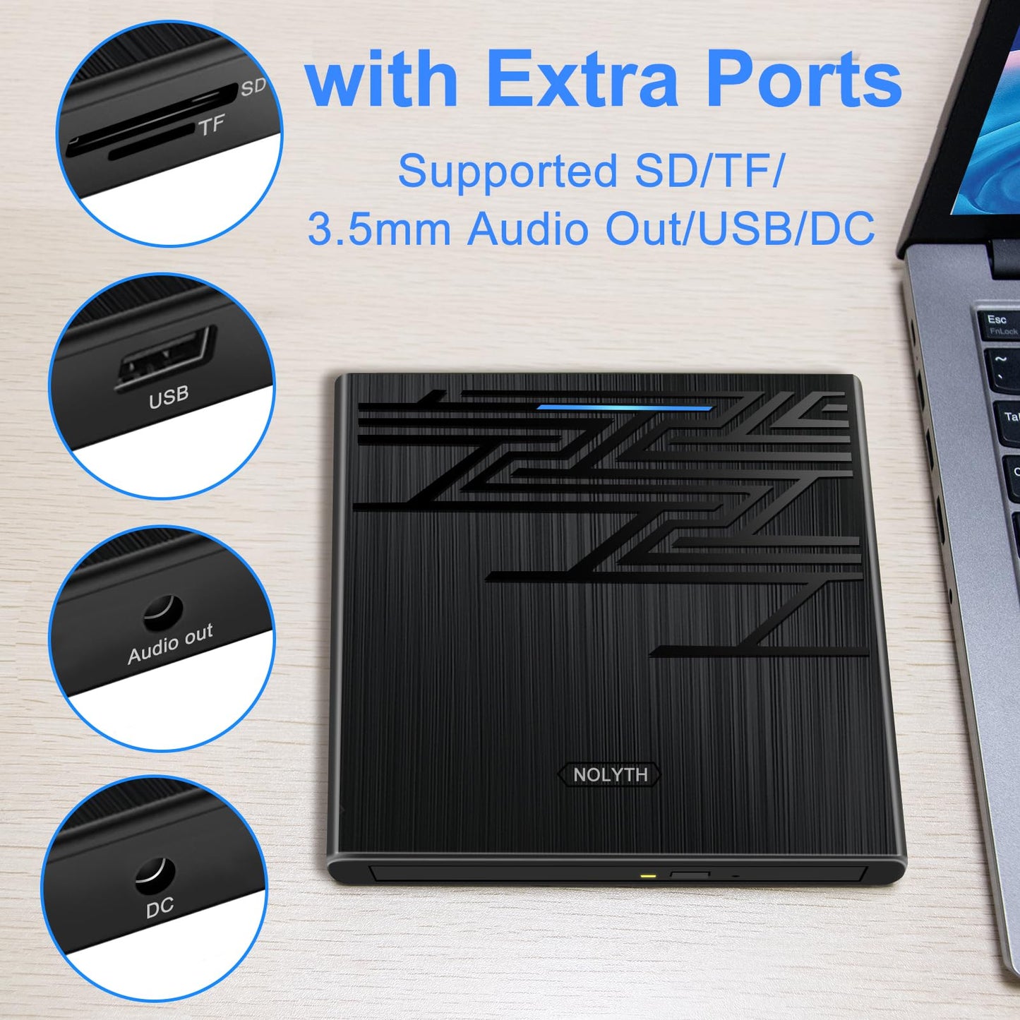 NOLYTH External DVD Drive for Mac, USB CD ROM Burner External Drive for Laptop with 3.5mm Audio SD TF Slot, Portable Optical Disk Drive DVD Player