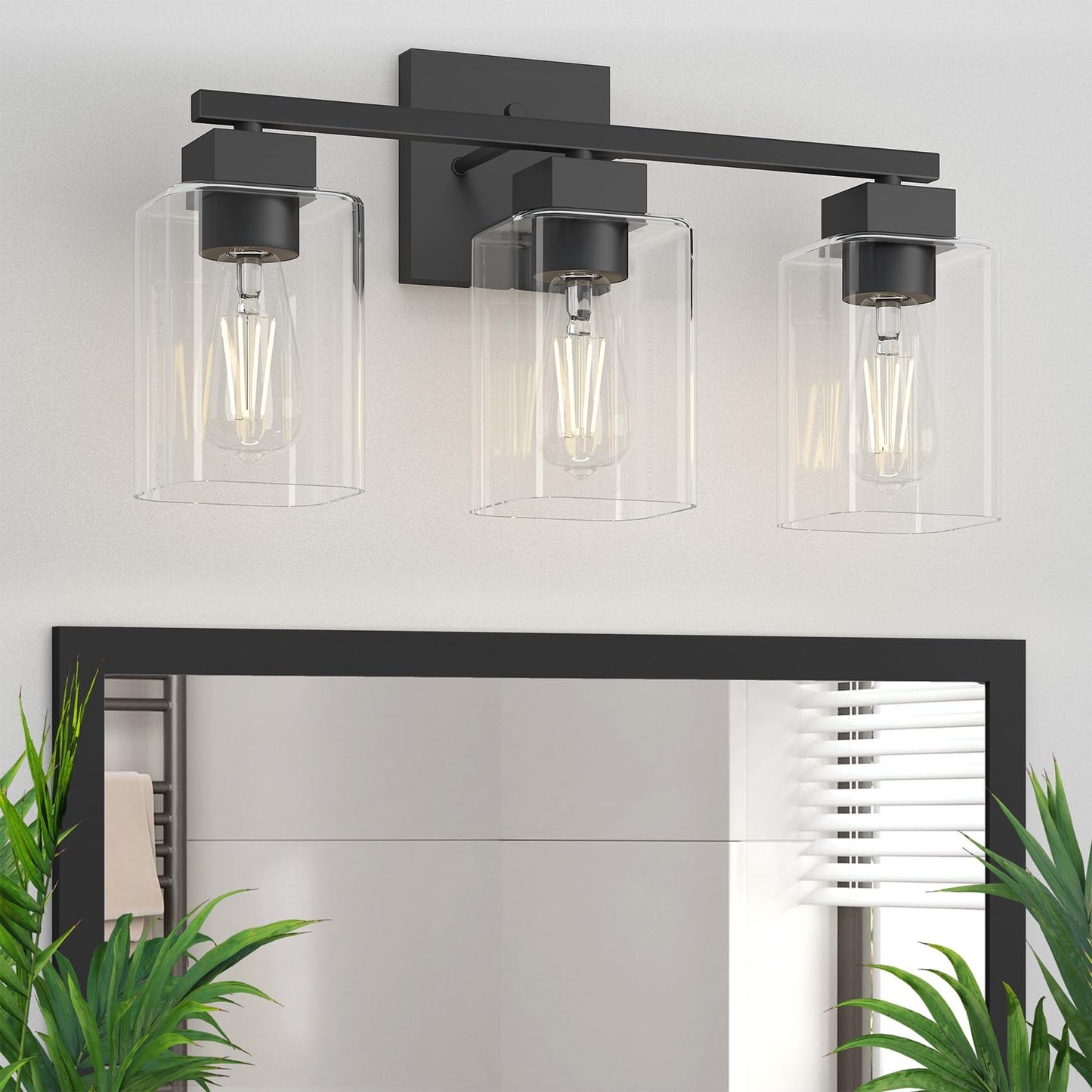 Espird Matte Black Bathroom Vanity Light, 3-Light Vanity Lighting fixtures Over Mirror, Square Design & UL Certification, Wall Sconces with Clear