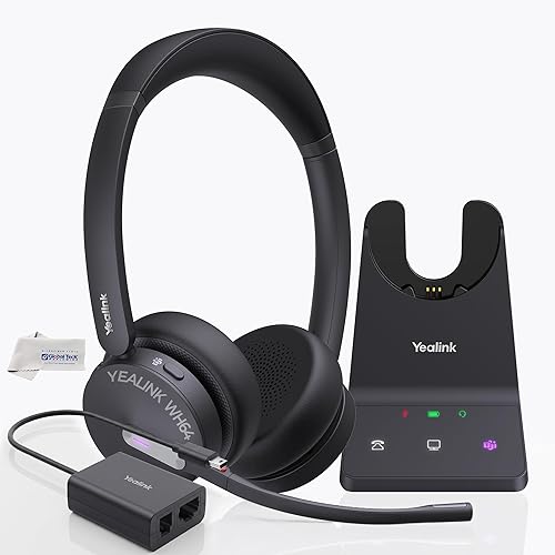 Yealink WH64 Wireless DECT Headset & Bluetooth MS Stereo & EHS62 Adapter, Teams & Zoom Compatible, Acoustic Shield 2.0, 3-Mic Noise Cancellation…
