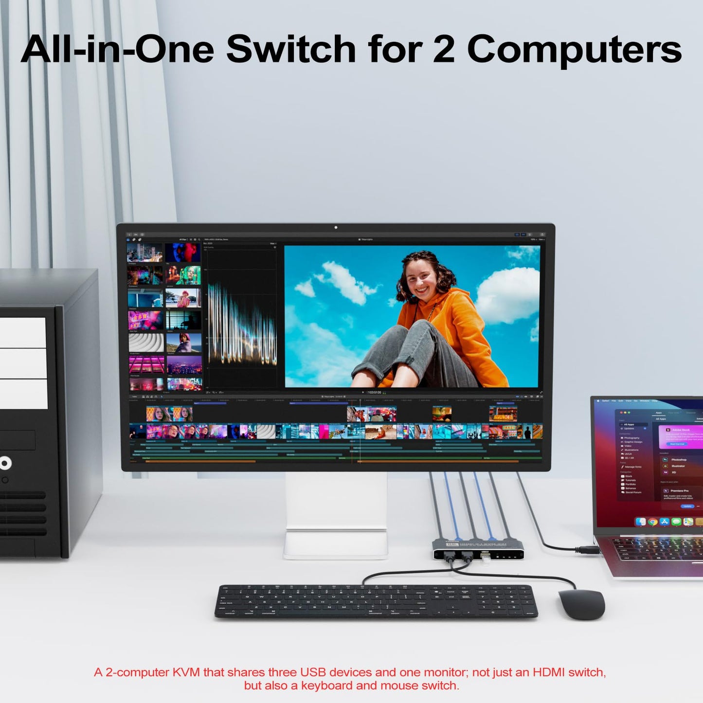 KVM Switch HDMI 2 in 1 Out for 1 Monitor 2 Computers, 8K@60Hz 4K@165Hz USB 3.0 Hub with IR Remote Control, Aluminum Alloy, HDR10 HDCP 2.2