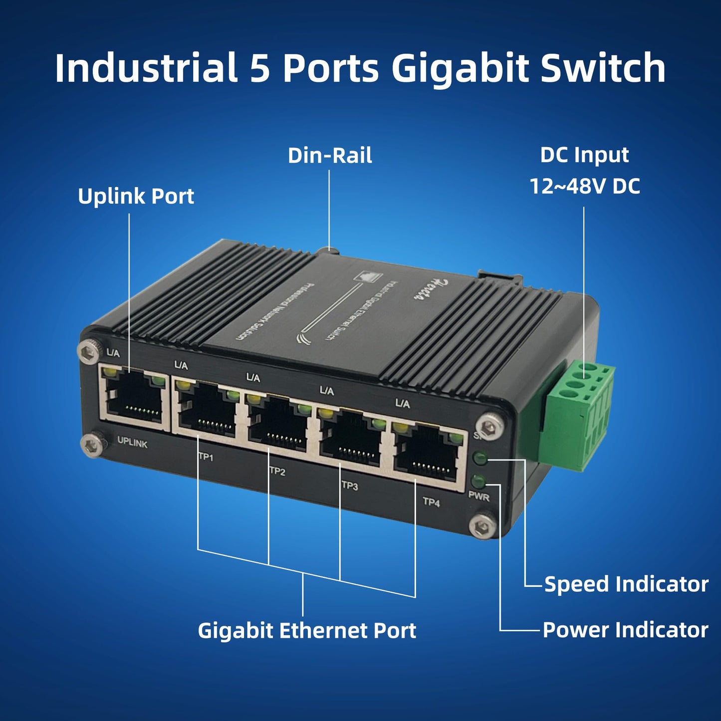 Mini Industrial Gigabit Ethernet Switch,Unmanaged Ethernet Network Hub Switch with 5 x RJ45 Port 10/100/1000T,12~48VDC,Support 802.3X Flow