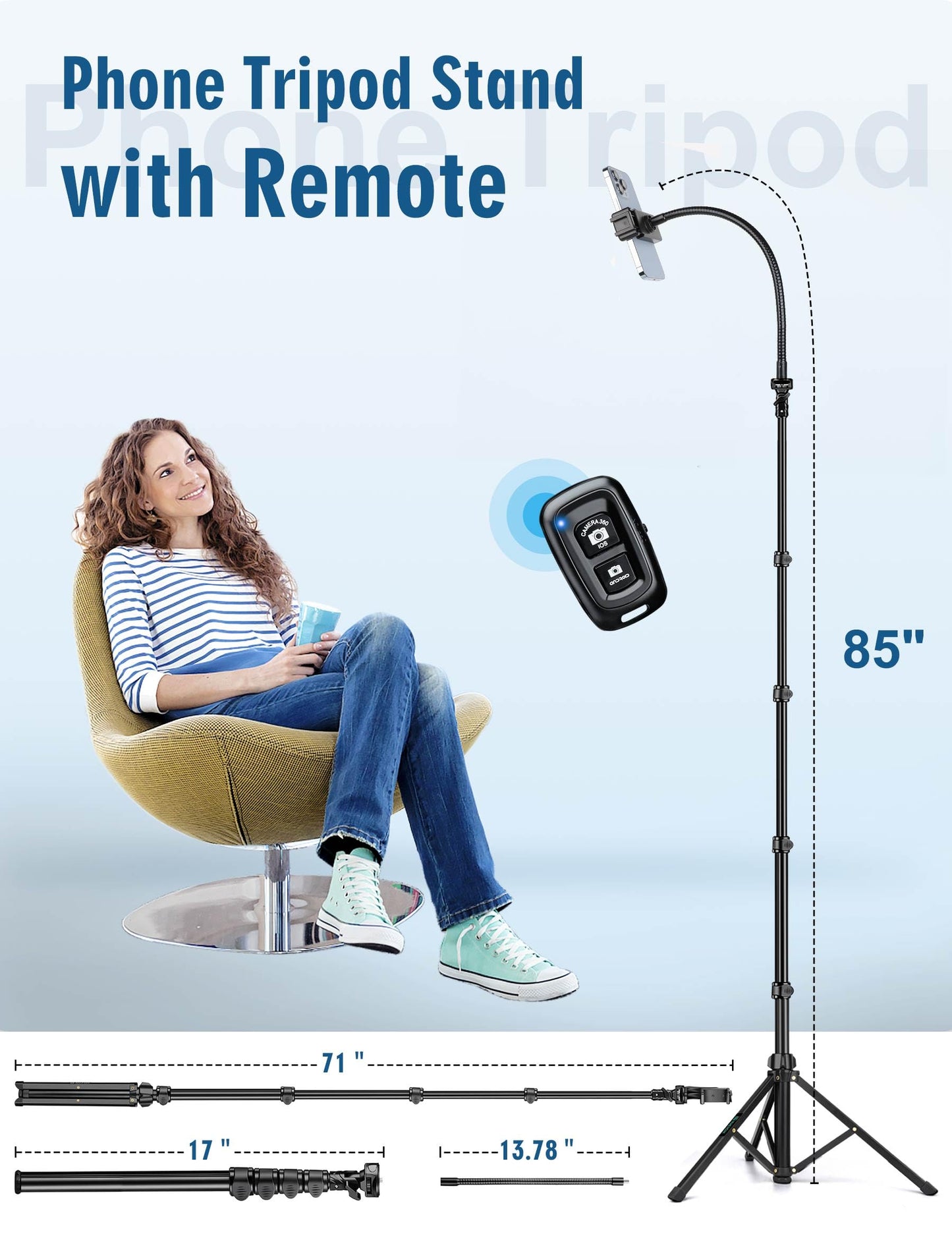 Nineigh Phone Tripod, 85" Tripod for Cell Phone iPhone with Gooseneck, Aluminum Tripods Stand for Video Recording Photo Vlog, Travel Cellphone Tripod