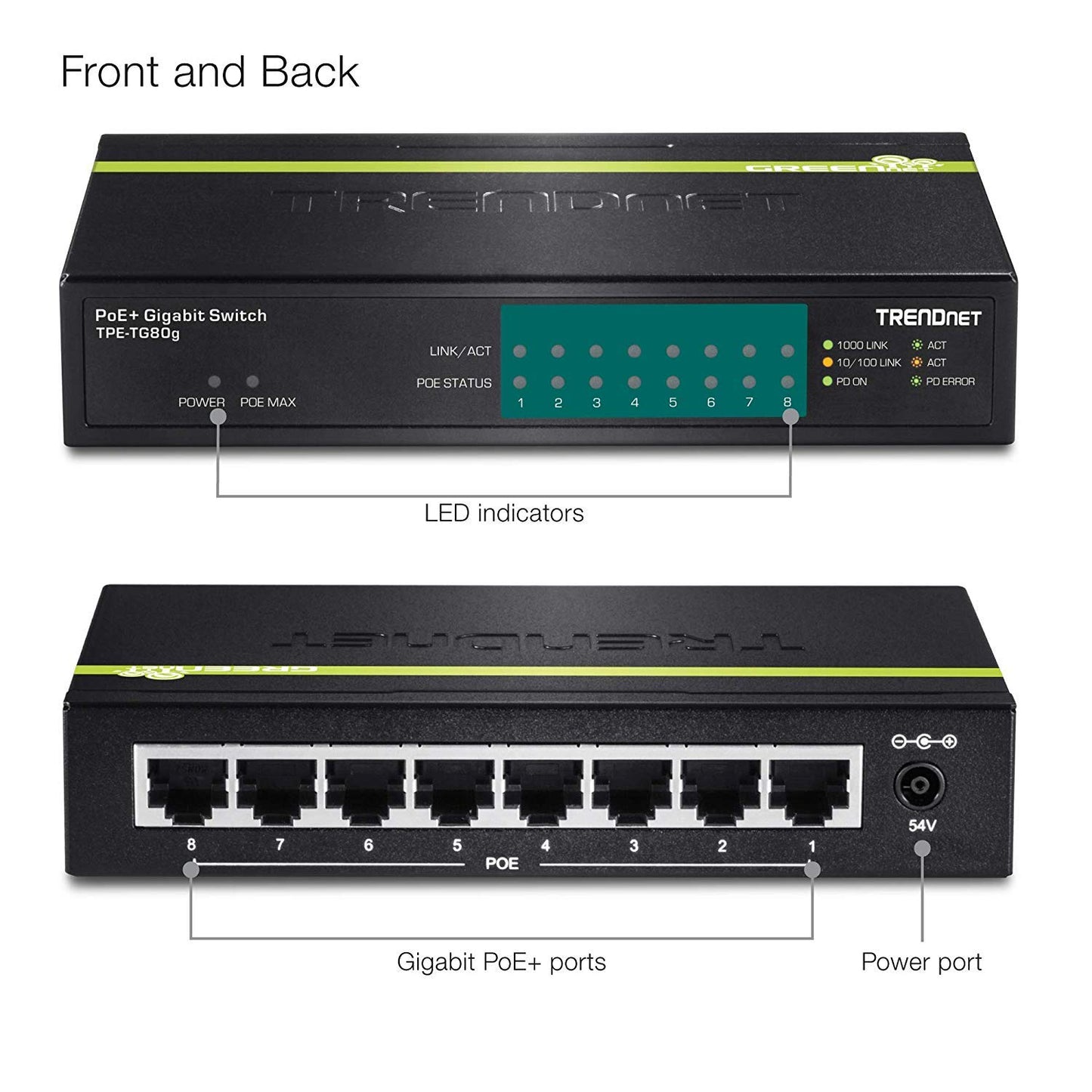 TRENDnet 8-Port Gigabit PoE+ Switch, TPE-TG80G, 8 x Gigabit PoE+ Ports, 123W PoE Power Budget, 16 Gbps, Ethernet Splitter, NDAA & TAA Compliant