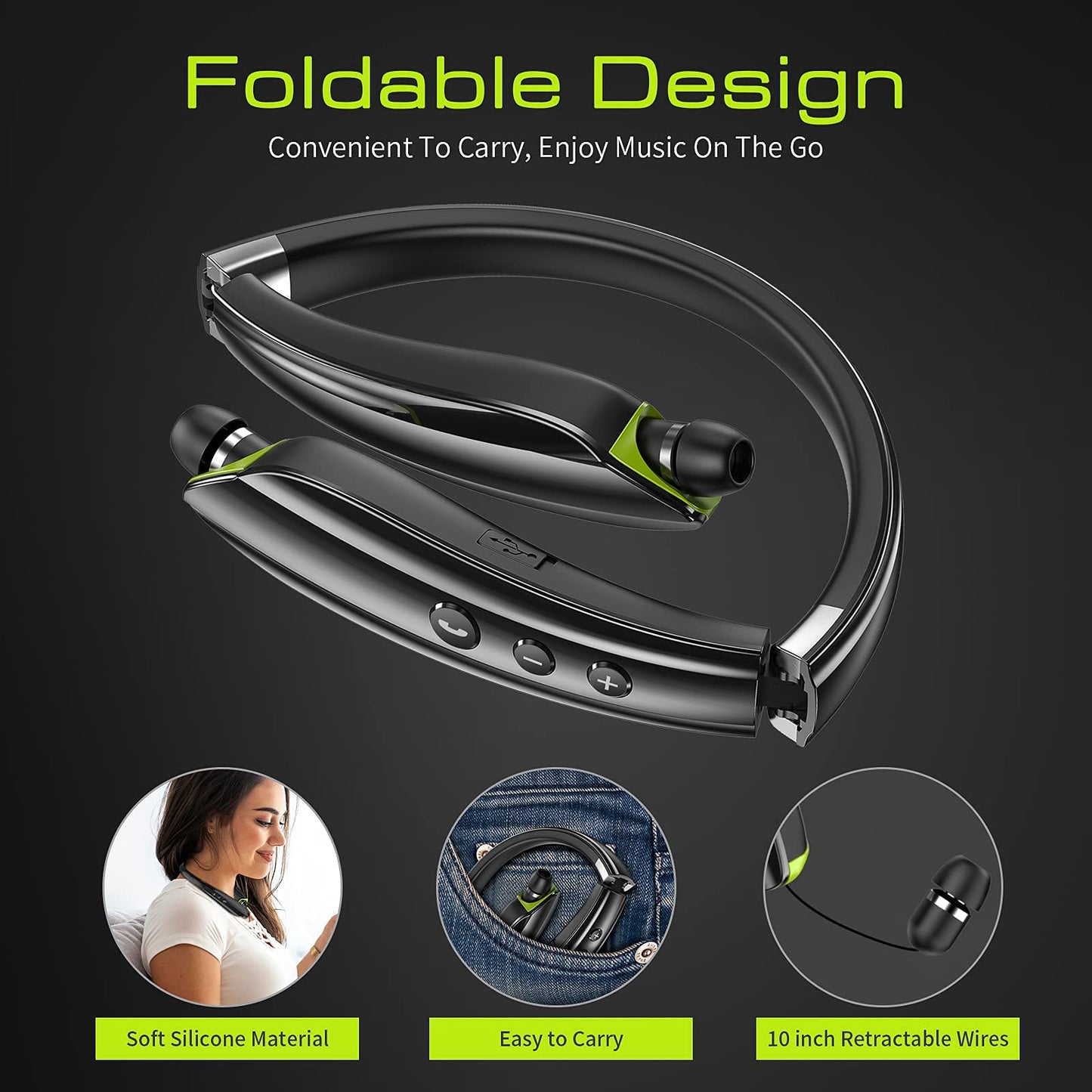 Bluetooth Headset, 2026 Upgraded Neckband Bluetooth Headphones with Retractable Earbuds, Noise Cancelling Stereo Earphones with Mic, Foldable Wireless