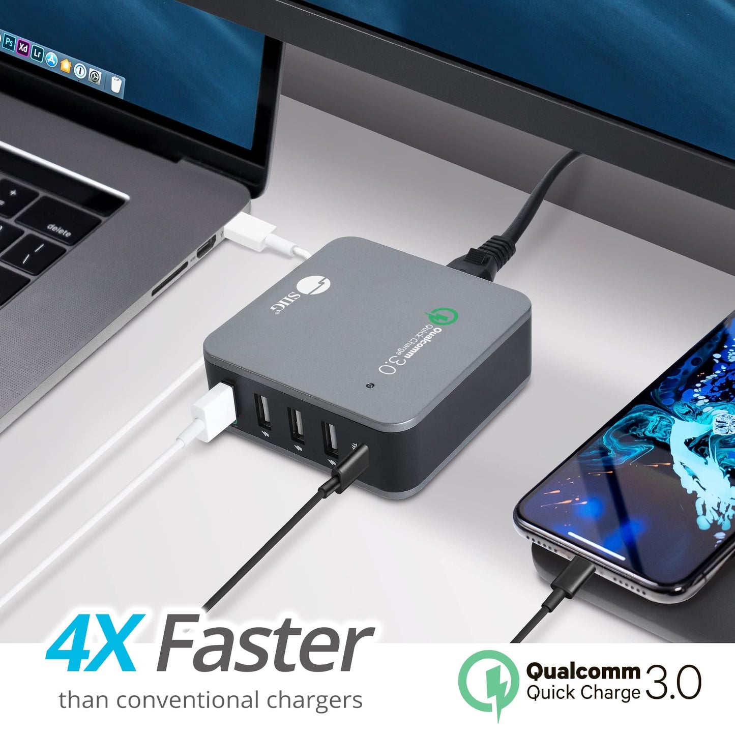 SIIG USB C Charger 5 Port 45W with Quick Charge 3.0, USB Type C & QC 3.0 Desktop Charging Station Plus Phone / Tablet Organizer Stand - Black