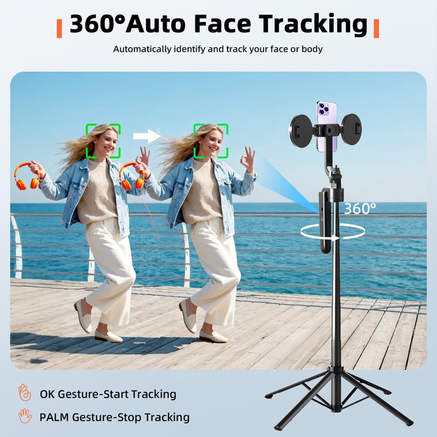 Euoto Auto Face Tracking Selfie Stick Tripod for iPhone with Light 360 Rotation that Follows Your Movement 70.9" Camera Tripod Stand with Remote