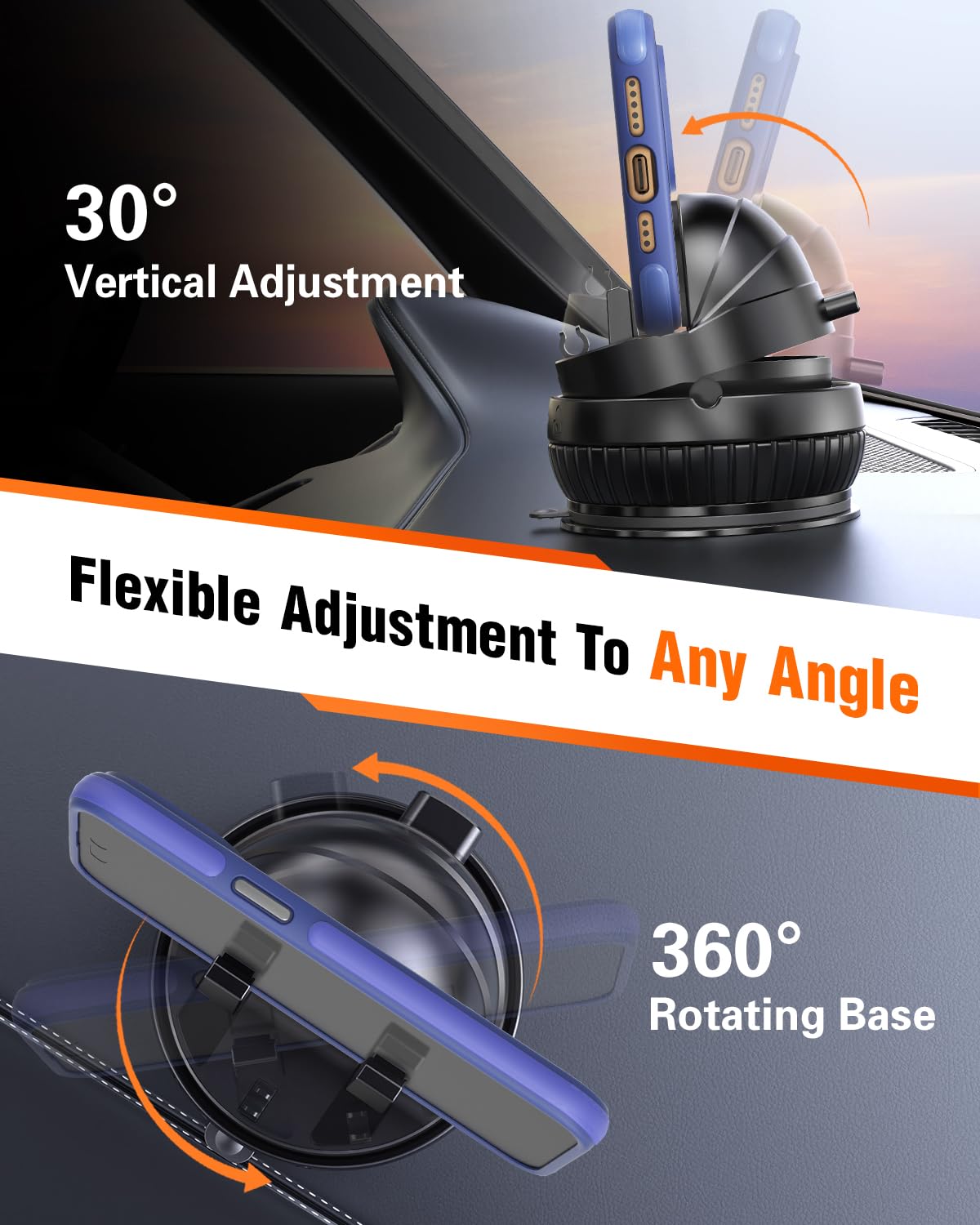pop-tech Car Suction Dashboard Phone Holder:?360° Rotating & 30° Adjustable? Vacuum Suction Cup Cell Phone Mount with Anti-Slip Spring Snap, Vehicle