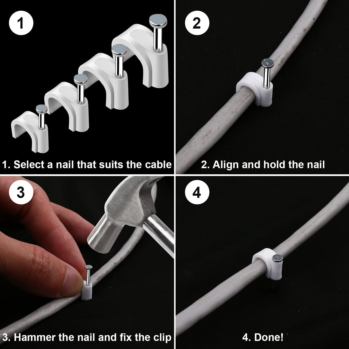 500pcs Cable Clips with Steel Nail in Cable Clips White 4mm 5mm 6mm 8mm 10mm Cable Wire Clips Cable Wall Clip Wire Staples Cord Clips for Wall Coaxial