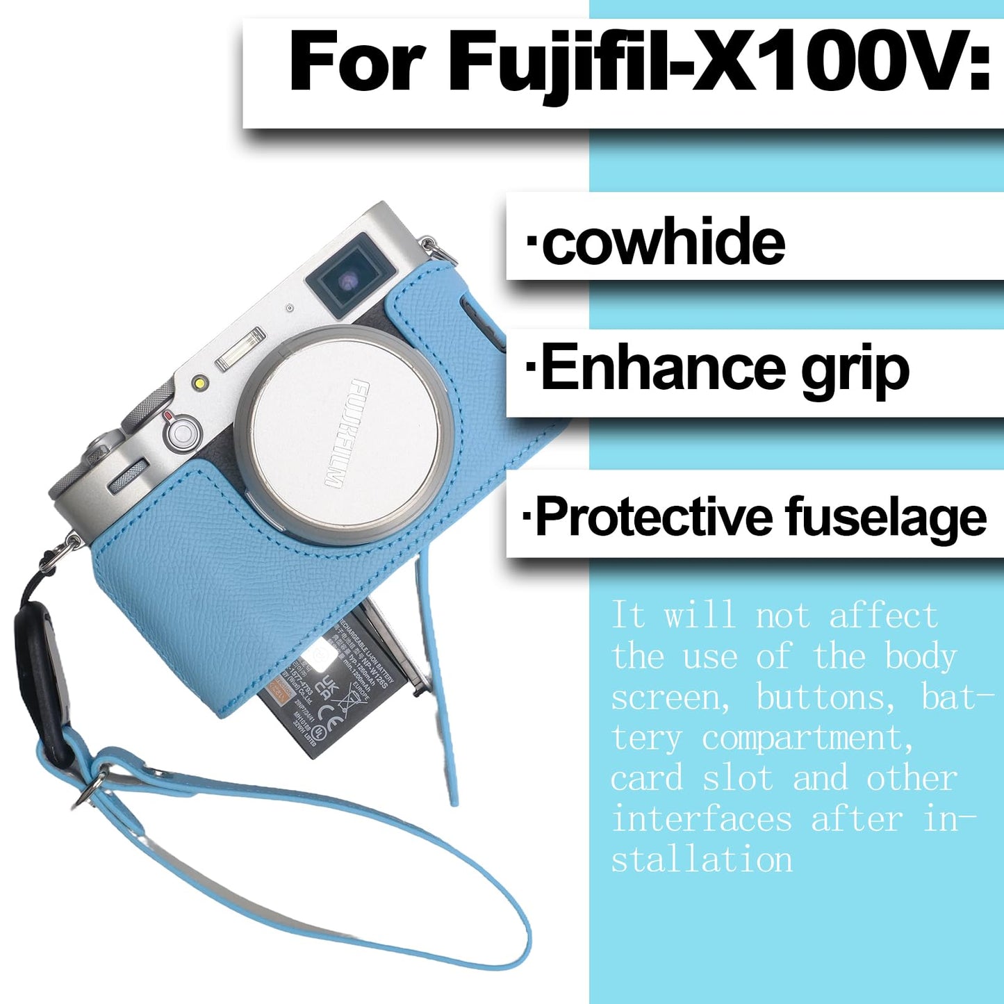 Bowan X100V Camera Case, Handmade Genuine Real Leather Half Camera Case Bag Cover for Fujifilm X100V Camera Bottom Opening Version + Hand Strap (Blue)