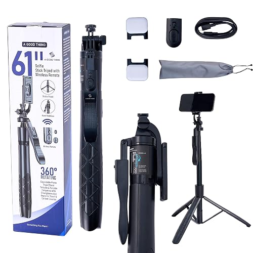 61" Selfie Stick Tripod with Wireless Remote - 360° Rotating Phone Tripod Stand, Foldable & Portable Design - Compatible with Smartphones, GoPro