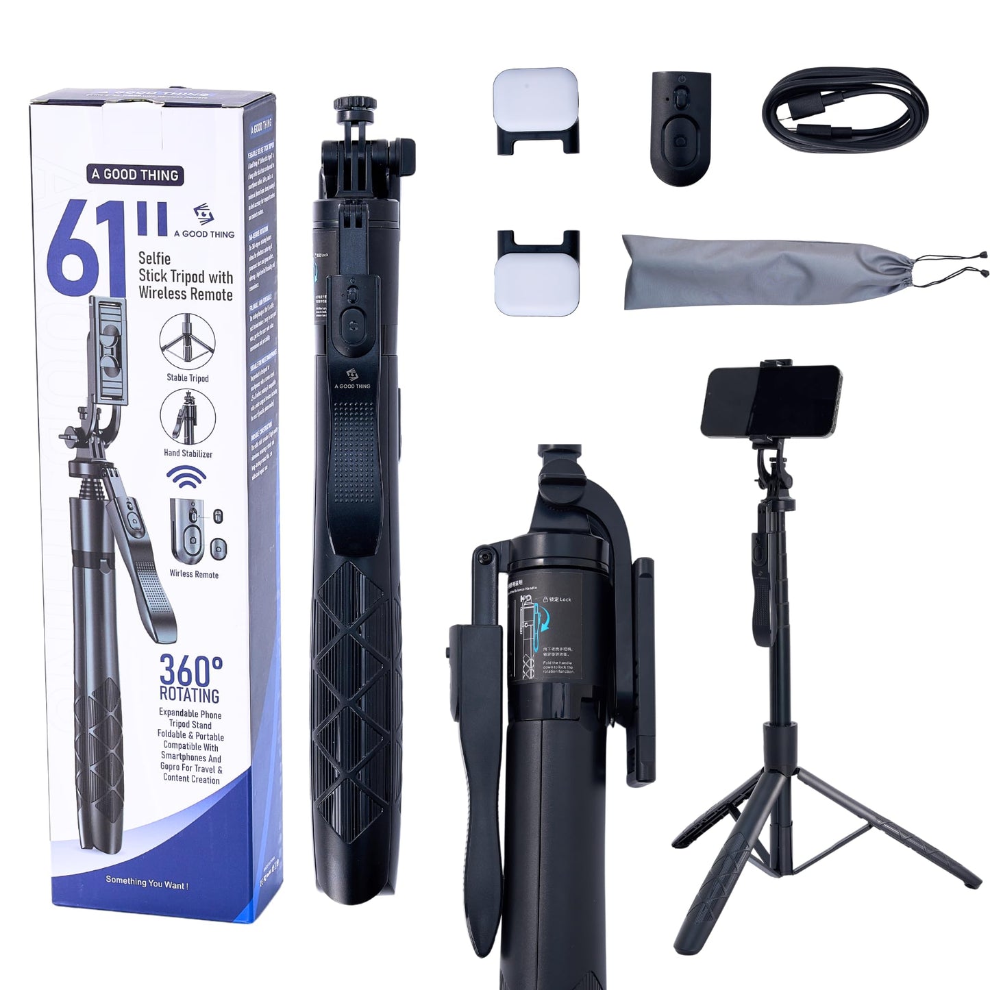 61" Selfie Stick Tripod with Wireless Remote - 360° Rotating Phone Tripod Stand, Foldable & Portable Design - Compatible with Smartphones, GoPro