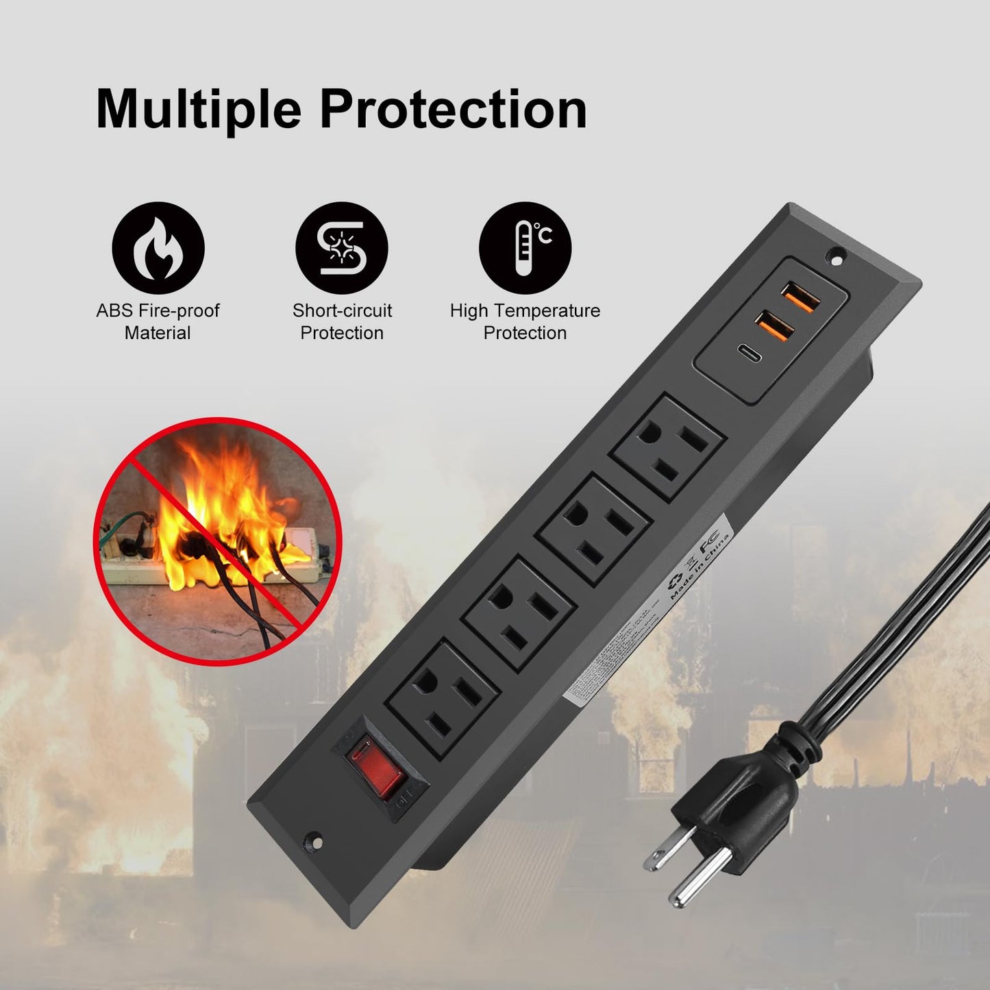 Recessed Power Strip with Type C 20W PD Fast Charge Desk Power Outlet 4 Outlets 2 USB and 1 USB C Built in Furniture Extension Power Plug for Dorm