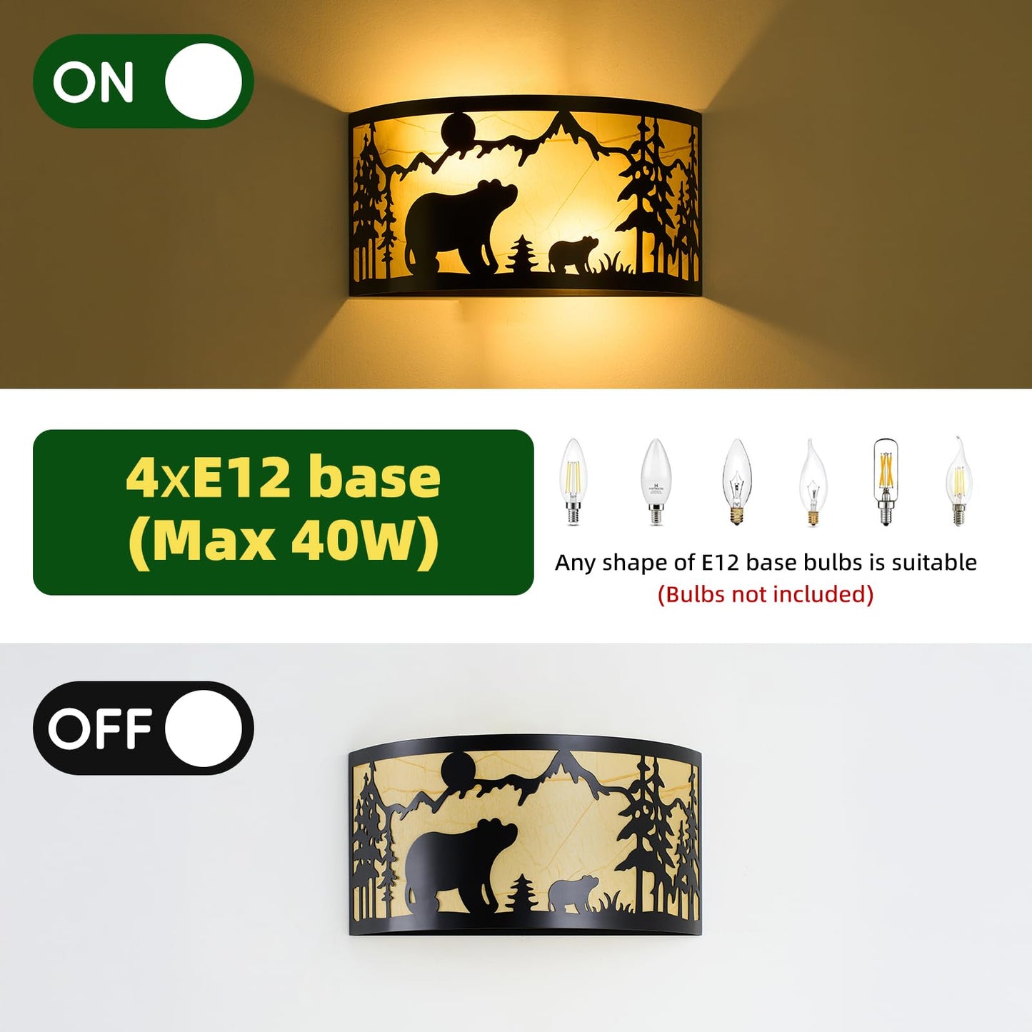 SAYTOP Rustic Bear Wall Sconces Farmhouse Industrial Wall Lamp, Indoor Wall Mount Lighting Matte Black Porch Light 2-Light Wall Lantern or Bedroom