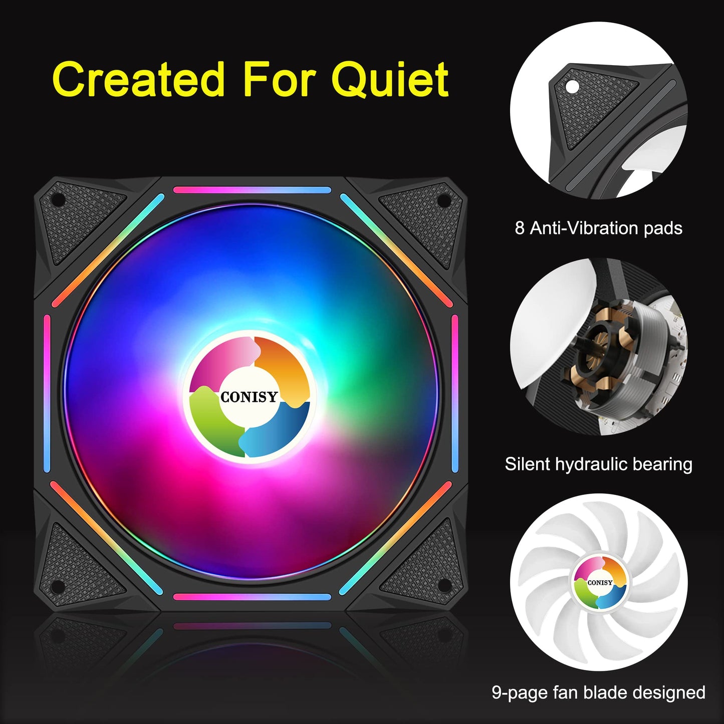 Conisy RGB LED Series 120mm Case Fan for Computer Case, Unique Ultra Quiet Long Life Gaming PC Cooling Fan - Colorful (1PCS)