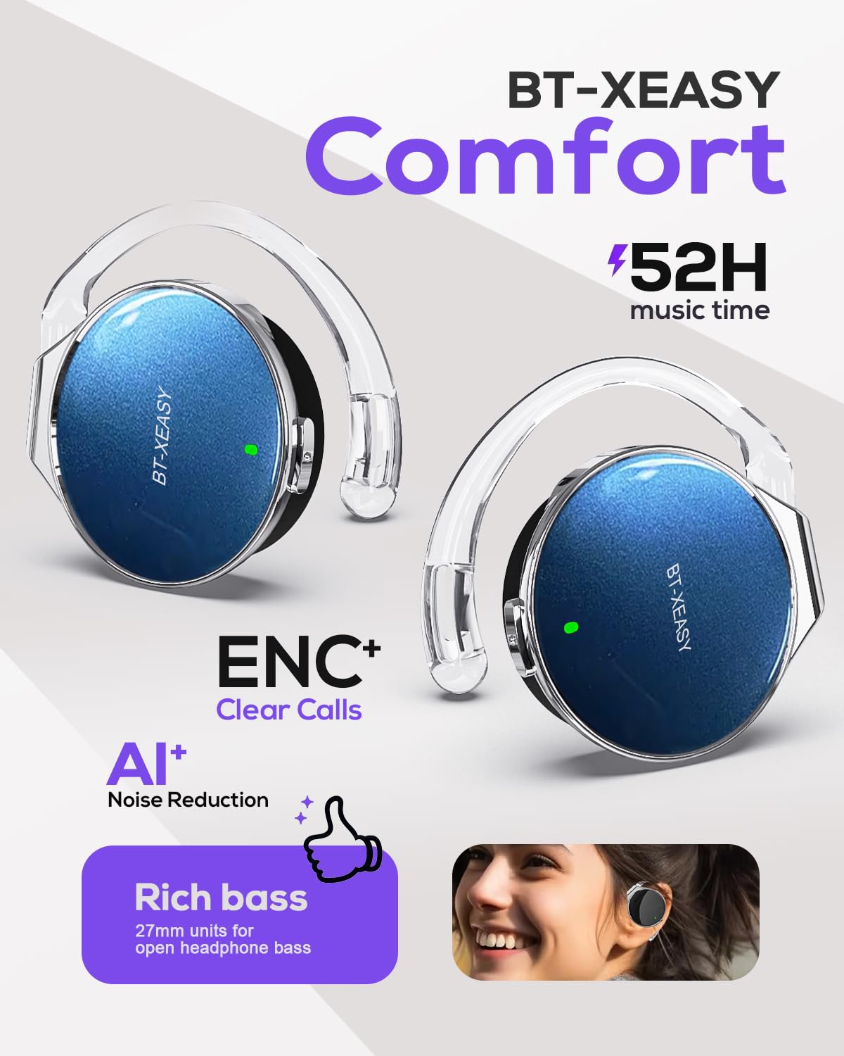 BEVCEFCC Wireless Earbuds with Ear Hooks Bluetooth 5.4, Open-Ear Sports Headphones Secure Fit, 52Hrs Headset with Mic, Dual Device Earbuds…
