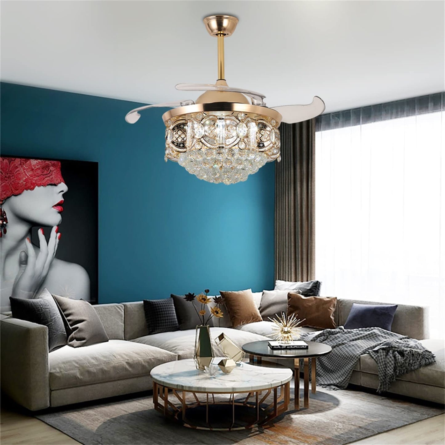 YIYIBYUS 42 Inch Luxury K9 Crystal LED Chandeliers Controller Retractable Ceiling Fans Lighting,Modern Dimmable Pendant Fandelier for Bedroom Living