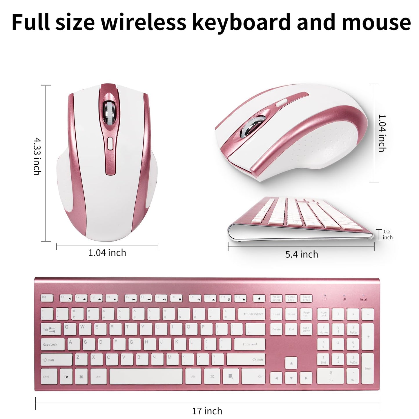 Wireless Keyboard and Mouse Combo 17inch Full Size 2.4G USB Ergonomic Slim Wireless Keyboard for PC Laptop Tablet Desktop Computer Windows Pink (Rose