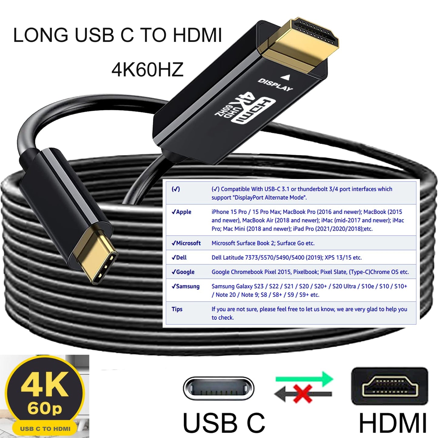 USB C to HDMI Cable 25FT 4K60HZ,USB Type C to HDMI Adapter, Thunderbolt 3/4 to HDMI Cable Compatible with Galaxy S22 /S20, MacBook Pro/Air 2020, iPad