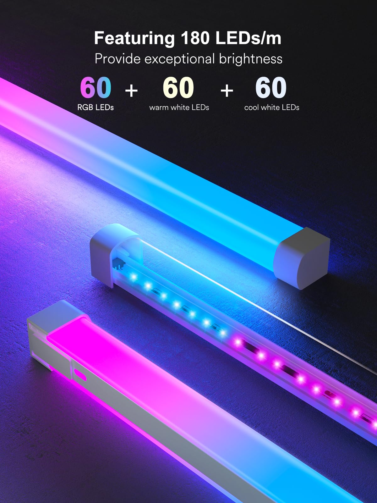 Smart LED Strip Lights with Covers 16.4ft, RGB+WW+CW Strip Light Compatible with Alexa, Cove Lighting with Diffuser Channel, Decor for Under Cabinet