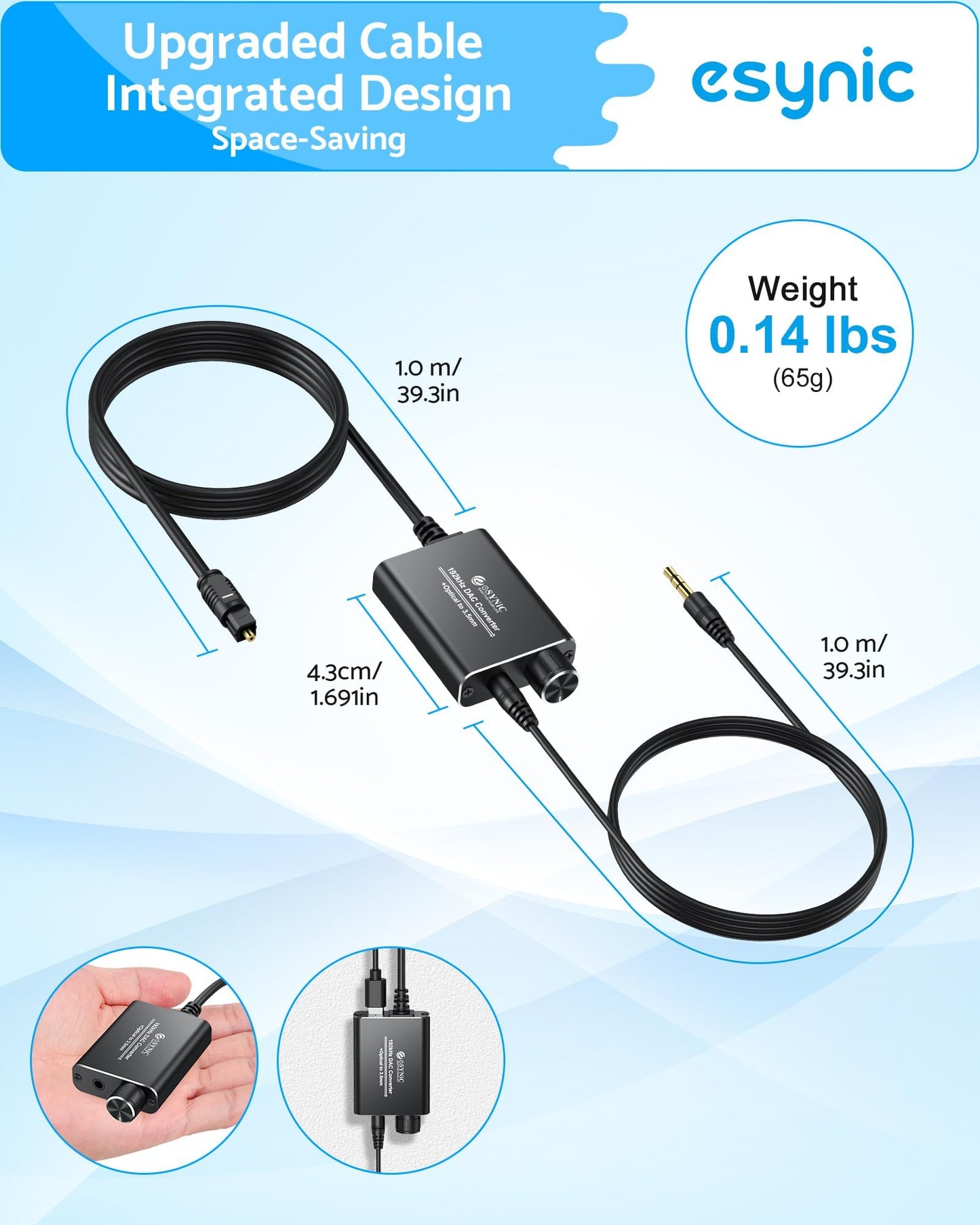eSynic Portable Optical to 3.5mm/Aux Adapter-7 FT Long-192KHz DAC Converter-Metal Shell-Built in Amplifier Chip-Easy to Setup- from