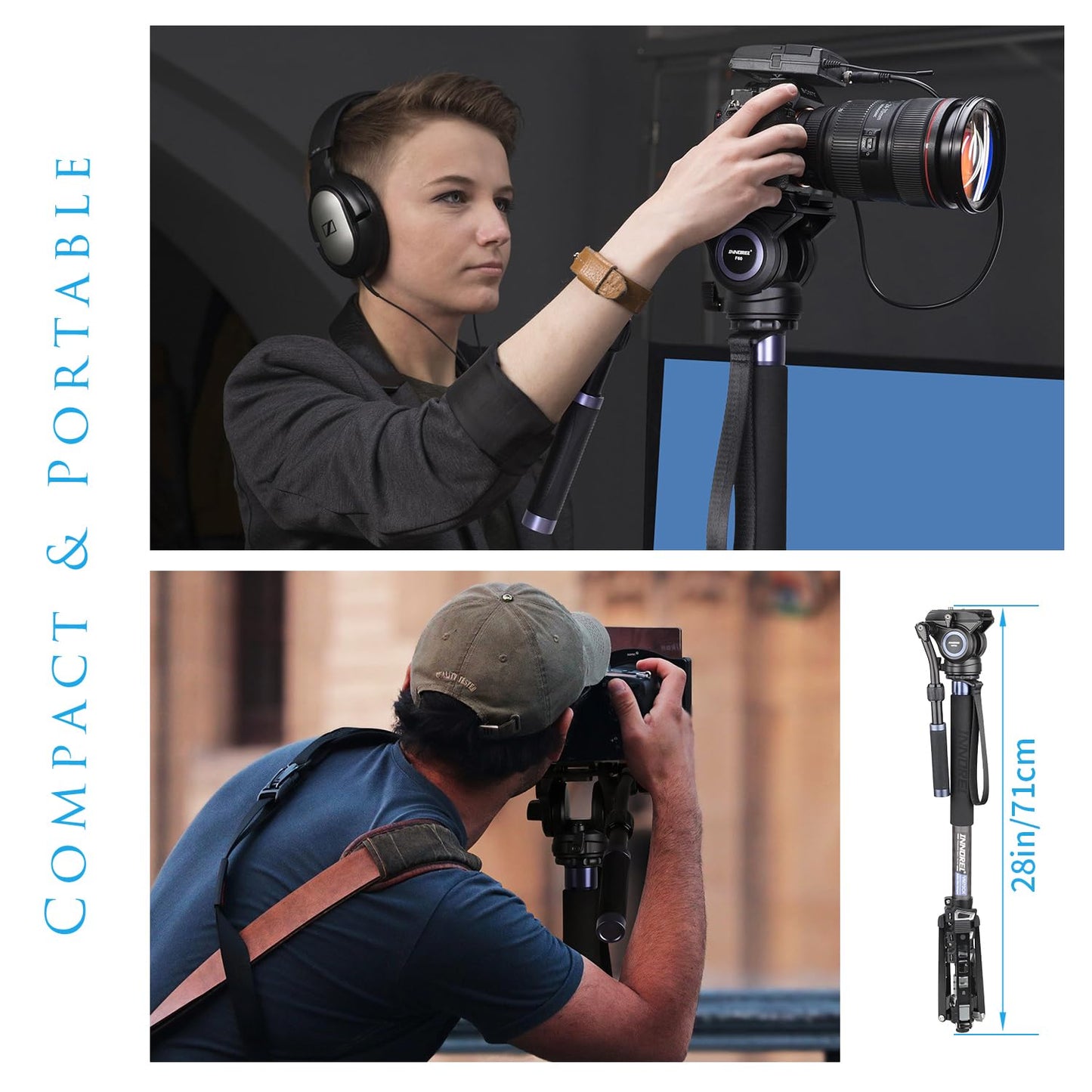 Carbon Fiber Video Monopod Kit-VM70CK Professional Hydraulic Fluid Head Monopod Removeable Multifunctional Travel Tripod Stand for Gopro DSLR Camera