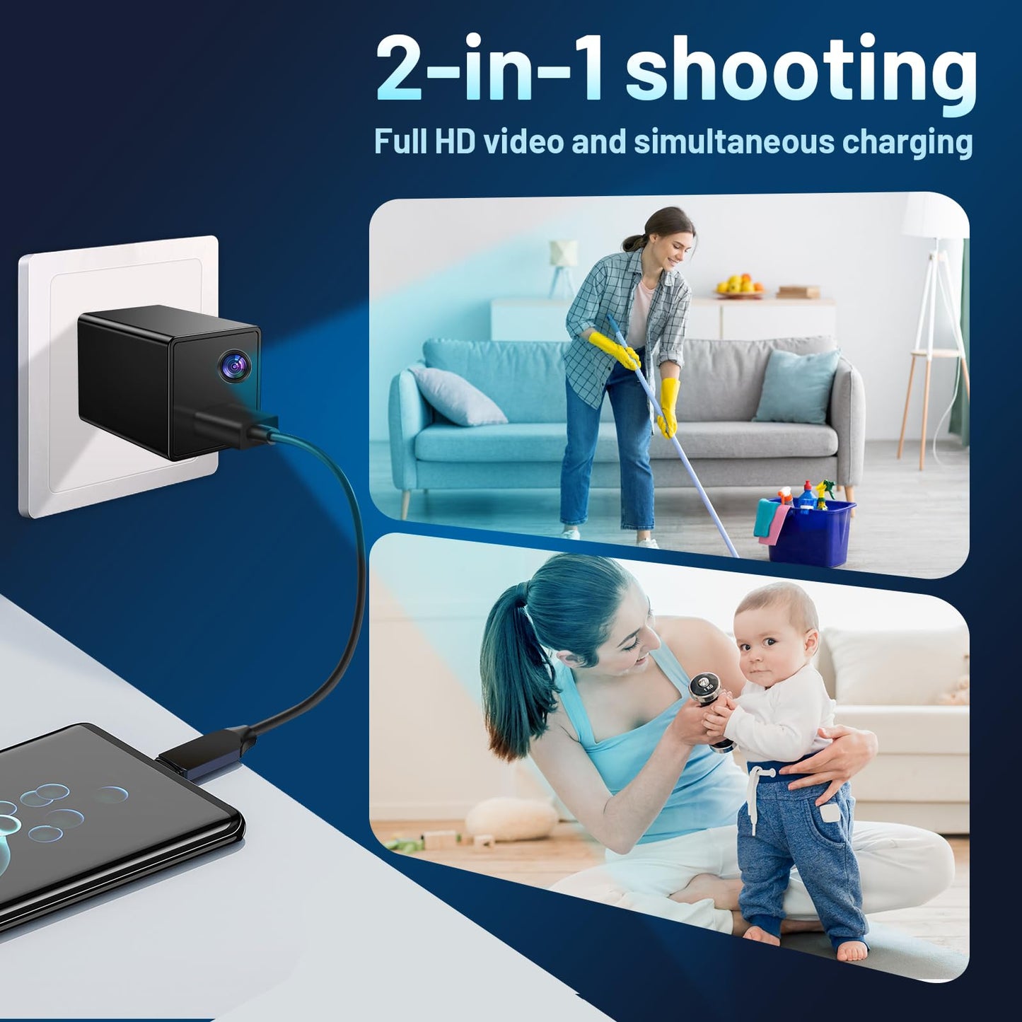 Wireless Smart 1080P USB Charger WiFi Camera Indoor Security Camera Baby Monitor Surveillance Hidden Security Cam Motion Detection with App Live Feed