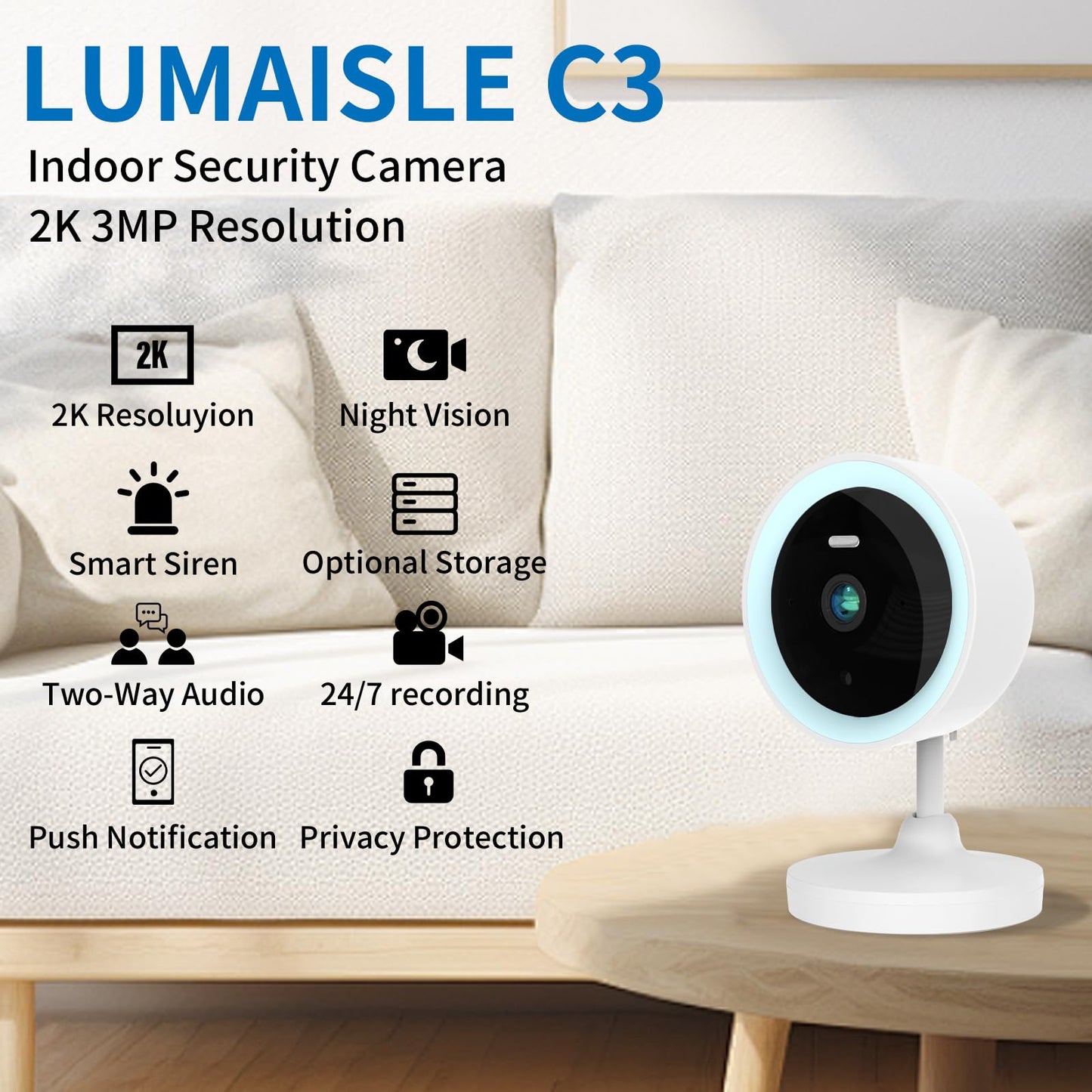 LUMAISLE 2K 3MP Indoor Security Camera for Baby Monitor, Dog Camera AI Motion Detection, 2-Way Audio Siren, Night Vision, Cloud & SD Card