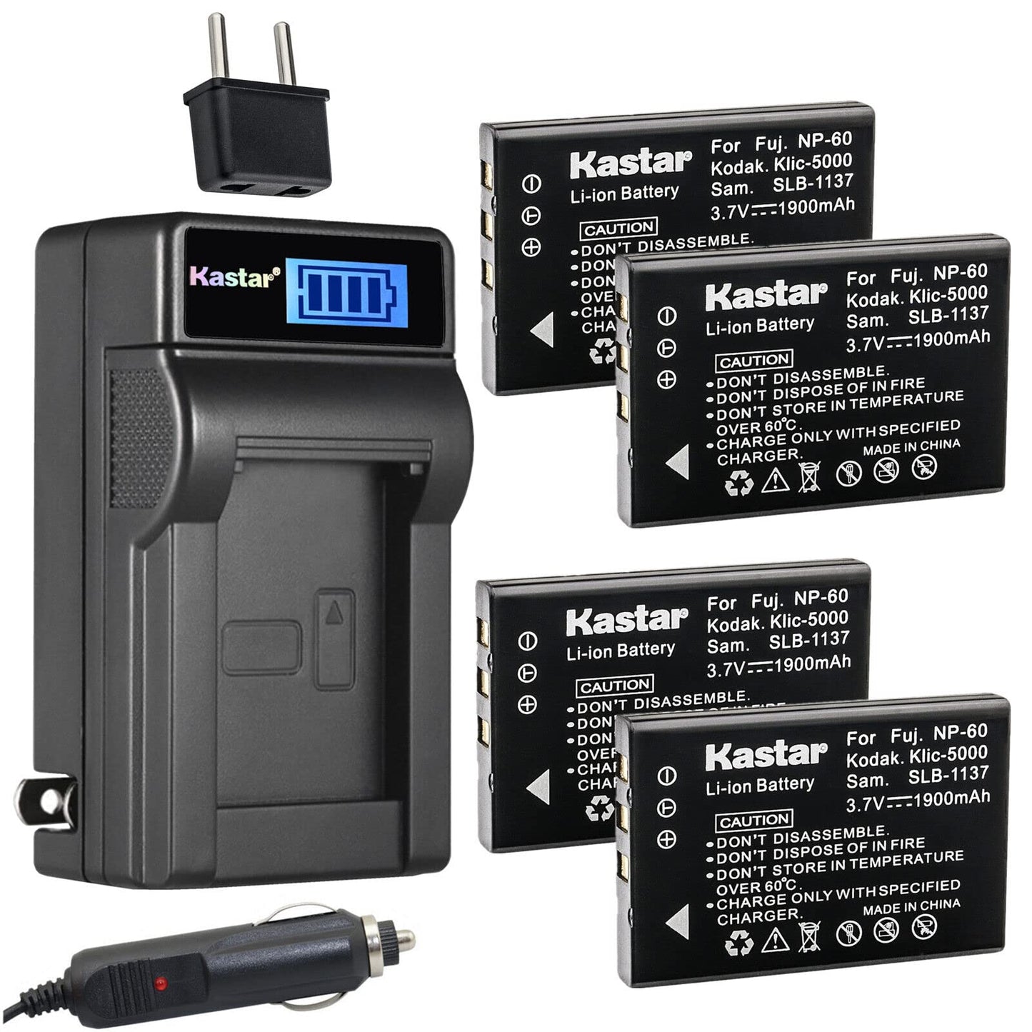 Kastar 4-Pack NP-60 Battery and LCD AC Charger Compatible with Vivitar Video Cameras DVR-840XHD DVR-565HD DVR-390H DVR-530 DVR-545 DVR-550 DVR-550G