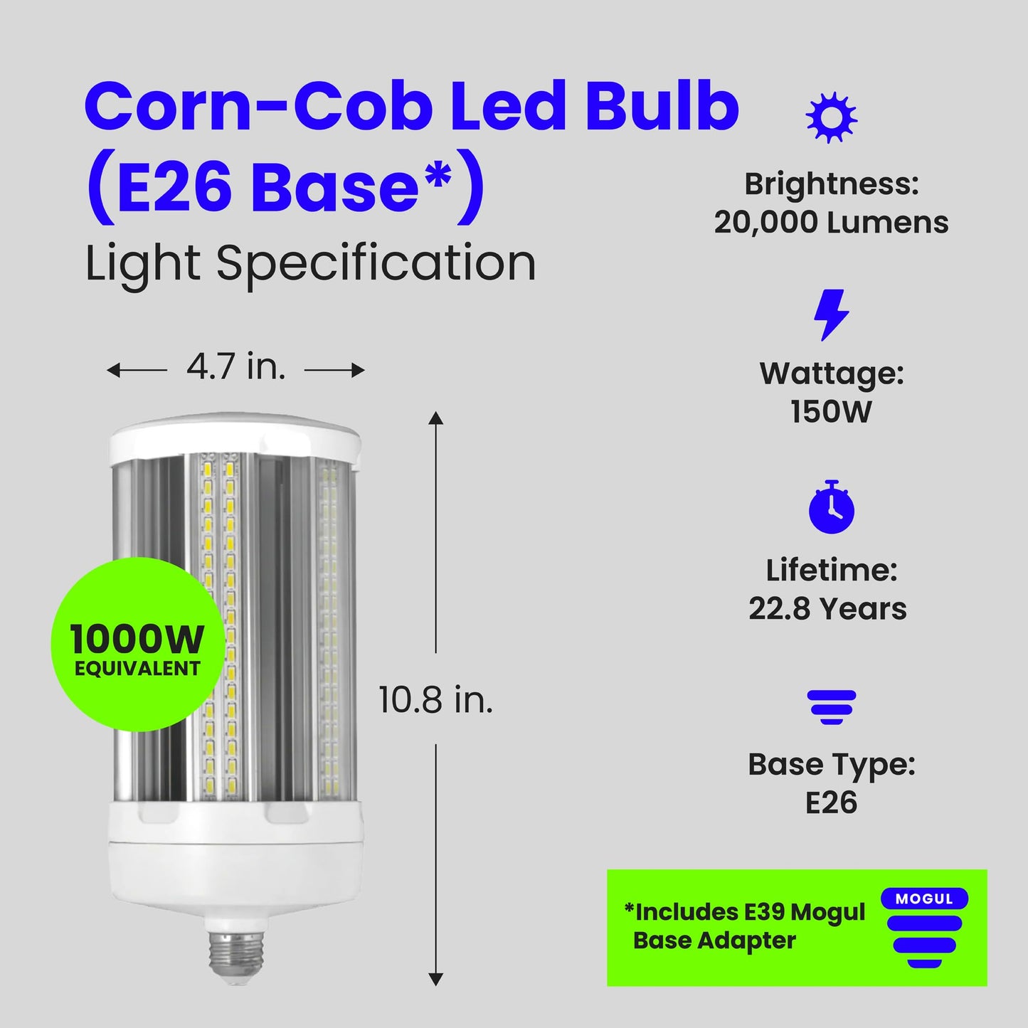 Feit Electric C20000/5K/LED 1000 Watt Equivalent 175W Corn Cob High 20,000 Lumen LED Light Bulb, 13.4"H x 5.3"D, Daylight 5000K