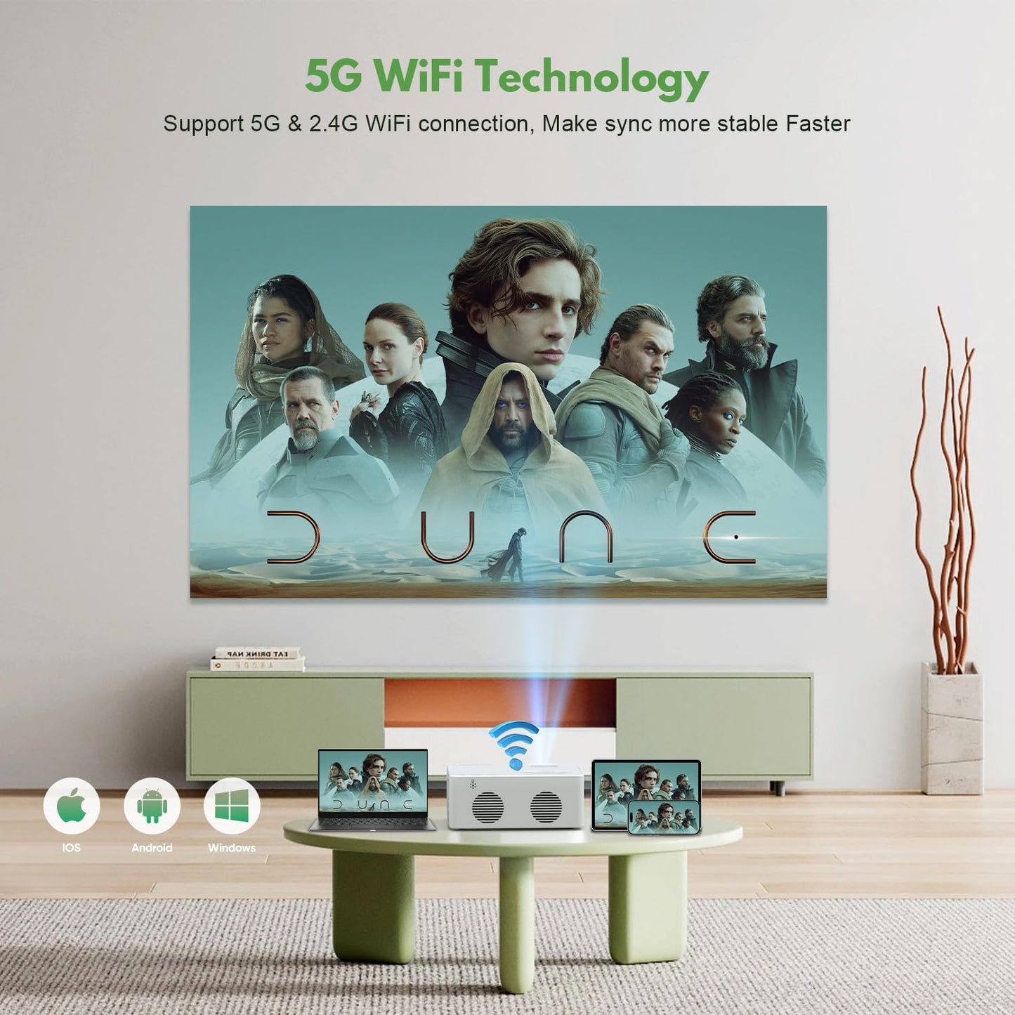 Mini Projector with WiFi and Bluetooth, 1080P Supported Outdoor Movie Projector, Compatible with Android/iOS/Windows/TV Stick/HDMI/USB