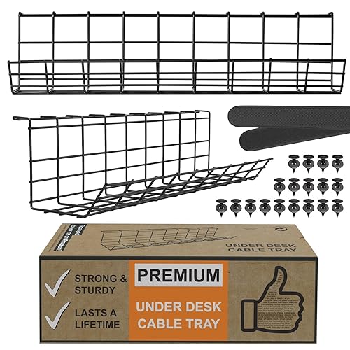 Under Desk Cable Management Tray, Cord Organizer for Wire, Cord Management Under, Wire Holders - Black Tray - Set of 2X 17