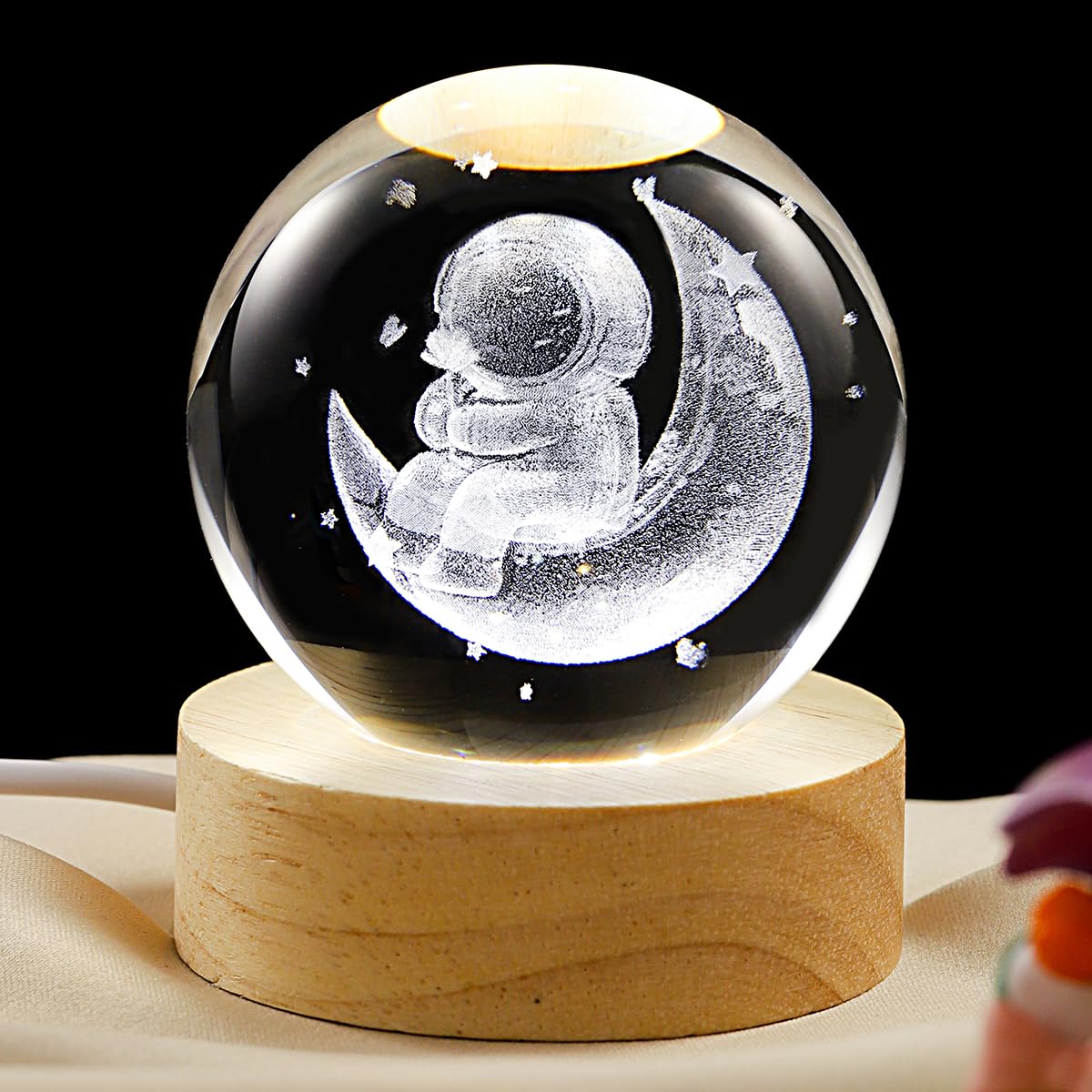 YANFEYHA 3D Moon Crystal Ball Lamp with Dimmable LED and Wooden Base, Night Light for Kids Teens Adults, Home Desk Office Bedroom Decor, Birthday Gift