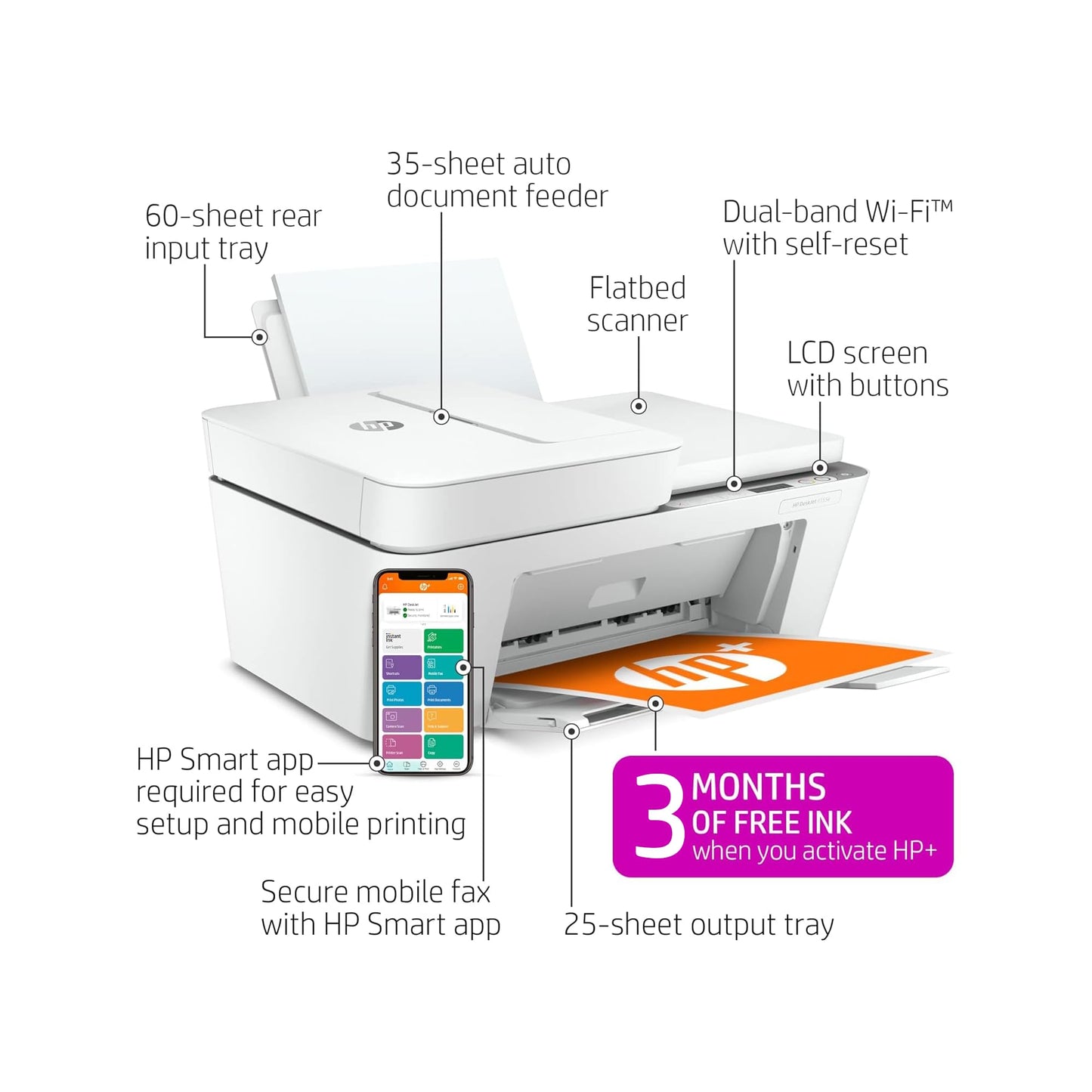 HP DeskJet 4155e Wireless Color Inkjet Printer, Print, scan, copy, Easy setup, Mobile printing, Best-for home, 3 month Instant Ink trial included