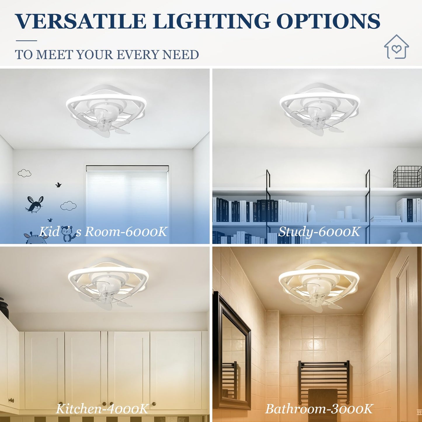 Zoruny 13" Small Ceiling Fan with Light, 360° Rotatable, Remote White 02