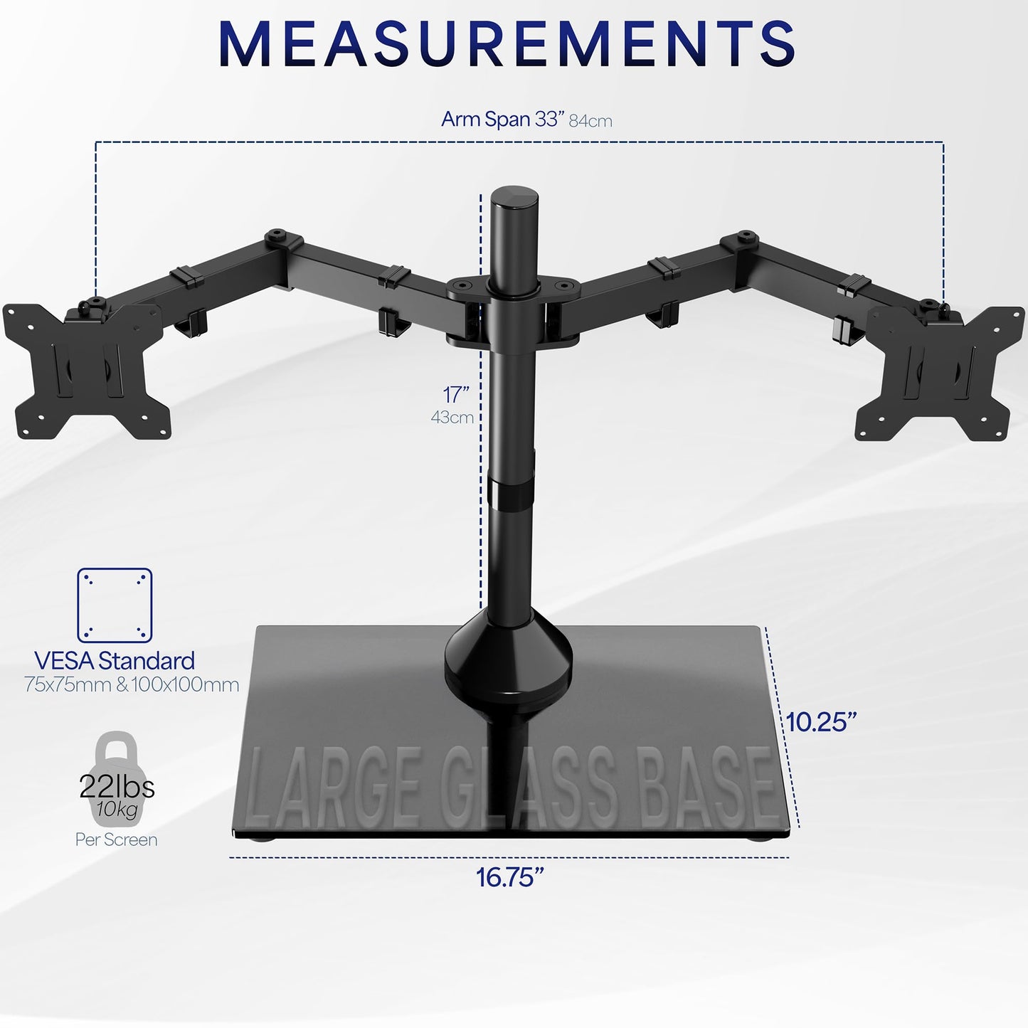 VIVO Freestanding Dual Monitor Stand with Sleek Glass Base and Adjustable Arms, Mounts 2 Screens up to 32 inch and 22 lbs Each, Black, STAND-V002FG