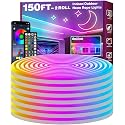 FBZ 150Ft Led Rope Lights, Flexible Neon Lights Control with App/Remote, Multiple Modes, IP65 Outdoor RGB Waterproof, Music Sync Gaming Light Strip