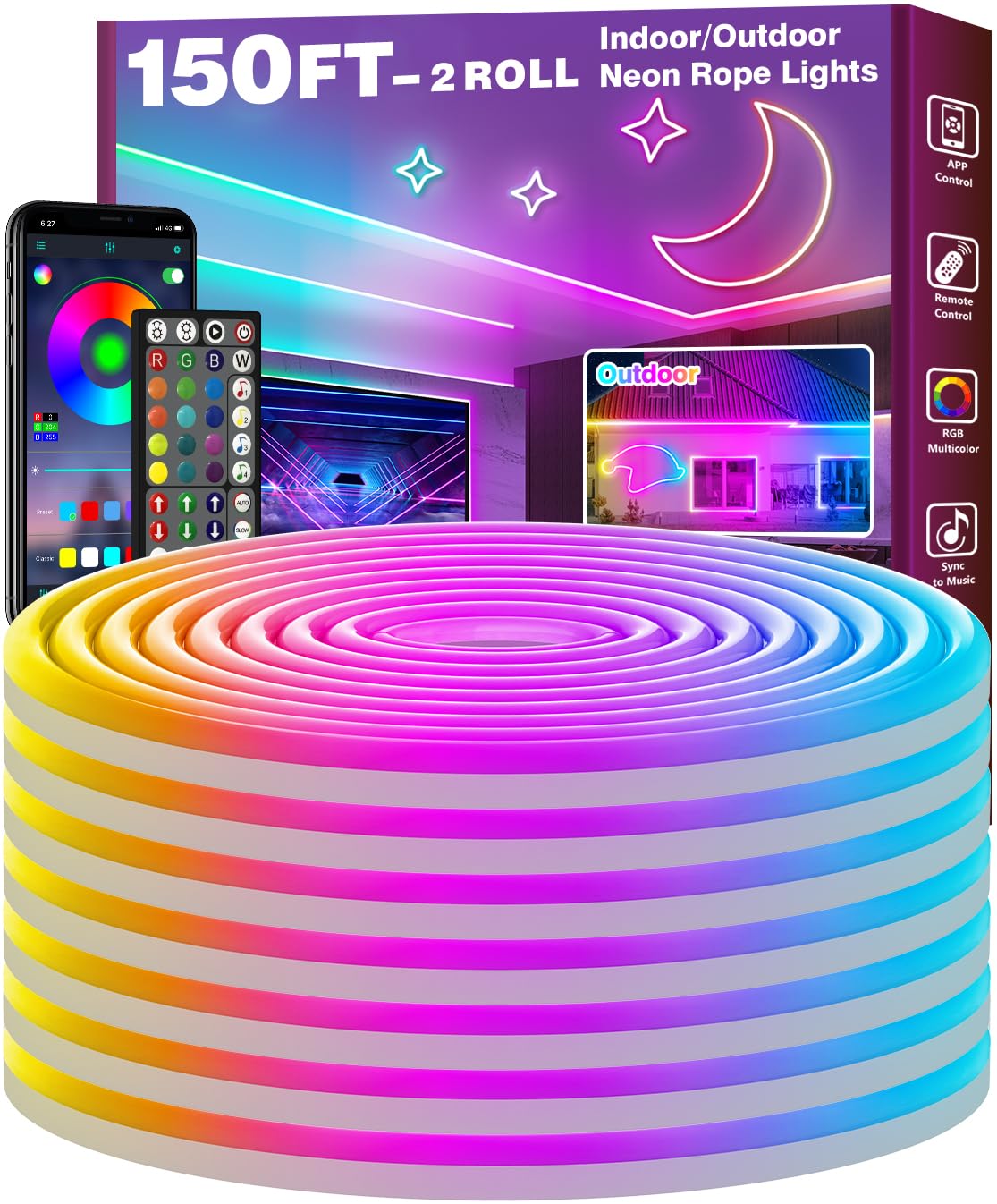 FBZ 150Ft Led Rope Lights, Flexible Neon Lights Control with App/Remote, Multiple Modes, IP65 Outdoor RGB Waterproof, Music Sync Gaming Light Strip