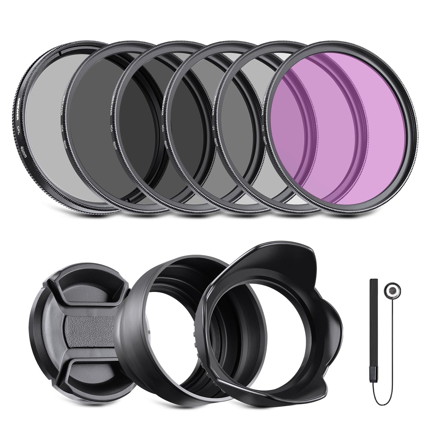 NEEWER 46mm ND Filter Pack and Lens Accessories, ND2 ND4 ND8 UV FLD CPL Filter Kit with Lens Cap