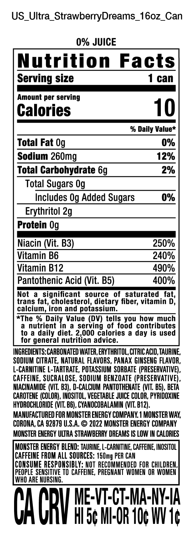 Monster Energy Ultra Strawberry Dreams, Sugar Free Energy Drink, 16 Ounce