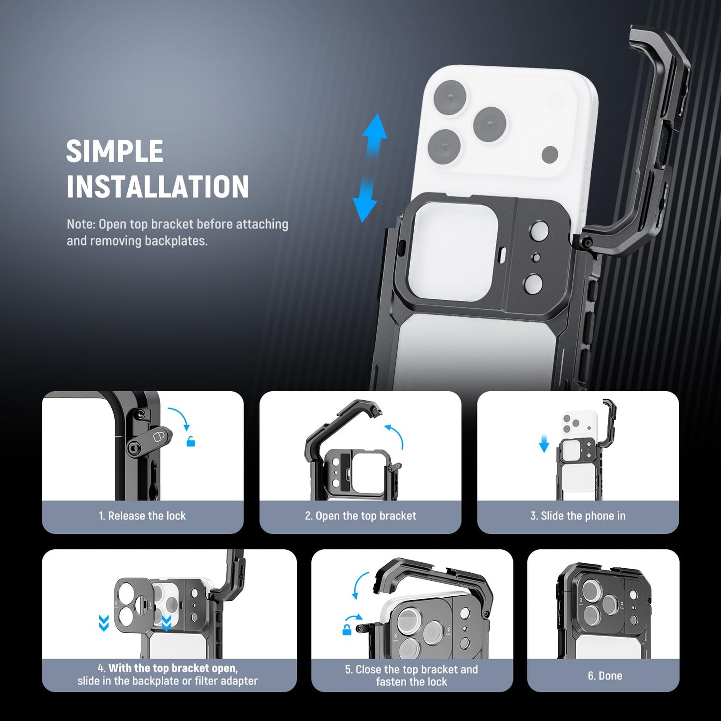 NEEWER Phone Cage Compatible with iPhone 17 Pro, Quick Release Video Rig Stabilizer Accessories with 67mm Filter Ring, 17mm Lens Backplate, T Mount
