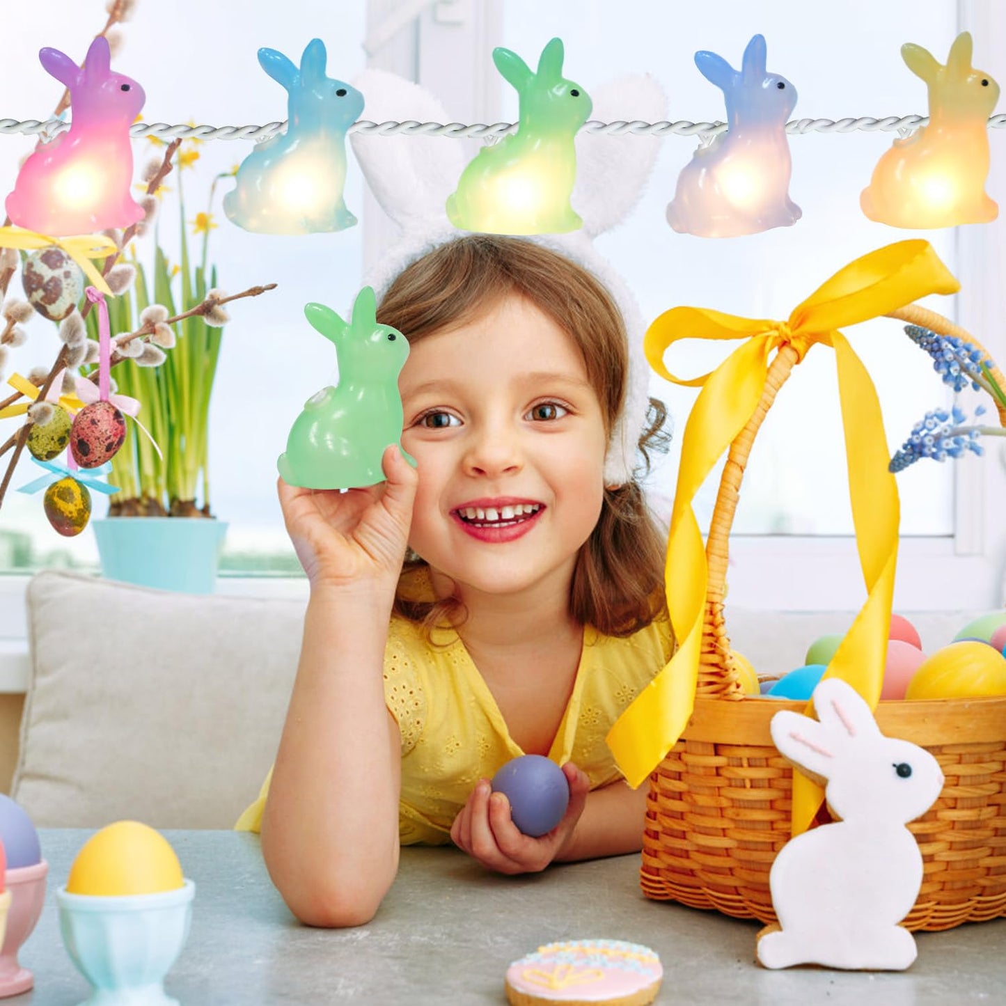8.5FT Easter Decorations Bunny Lights, 10Pcs LED Pastel Easter Bunny Lights Plug in, Easters Light String for Spring Themed Party Garden Patio Easters