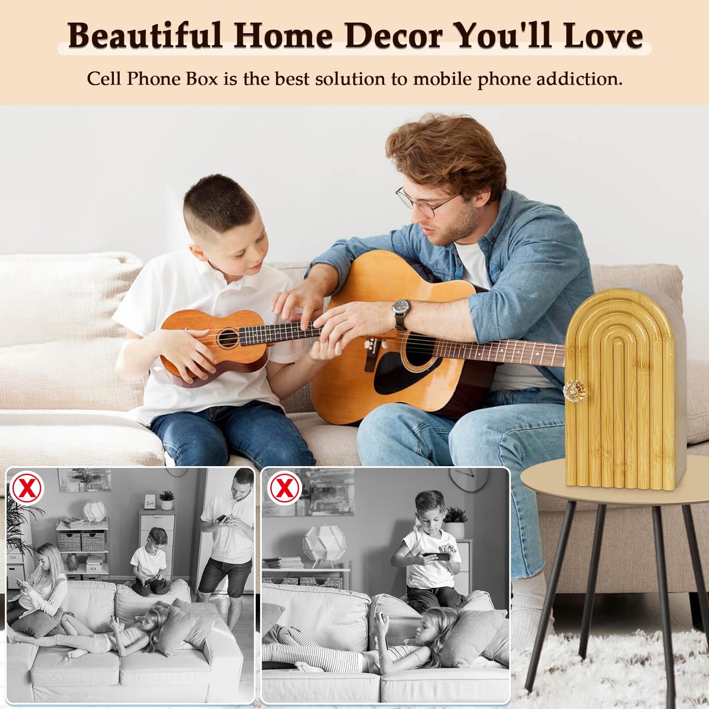 Lzttyee Phone Box for Family Time, Bamboo Cell Phone Jail, 3 Sections Hold 6 Phones, with Charging Holes, Phone Holder Self-Discipline Box, Help Kids