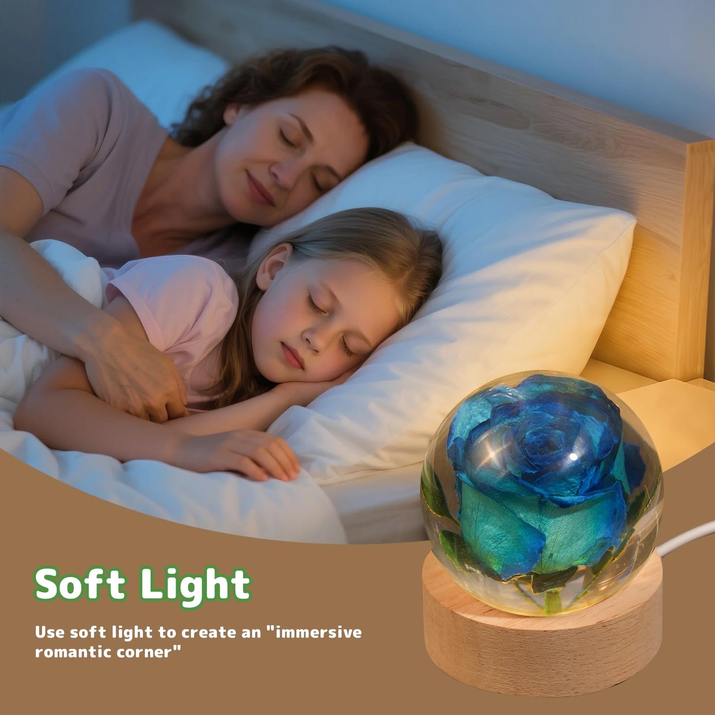 QNCMBUG Blue Rose Crystal Ball Night Light - Real Rose Encased in Glowing Resin Ball, USB-Powered Desk Lamp with Wood Base, Unique Gift