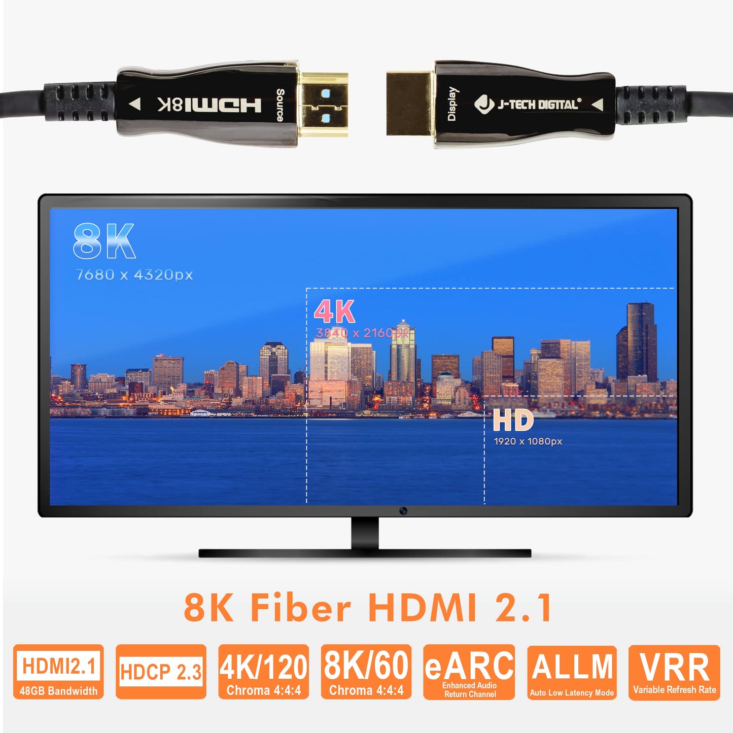 J-Tech Digital 8K HDMI Cable 100ft (30m) Fiber Optic HDMI 2.1, HDCP 2.3 | 8K 60Hz, 4K 120Hz, 4K 144Hz | HDR10, ARC, eARC | 48Gbps Ultra High Speed