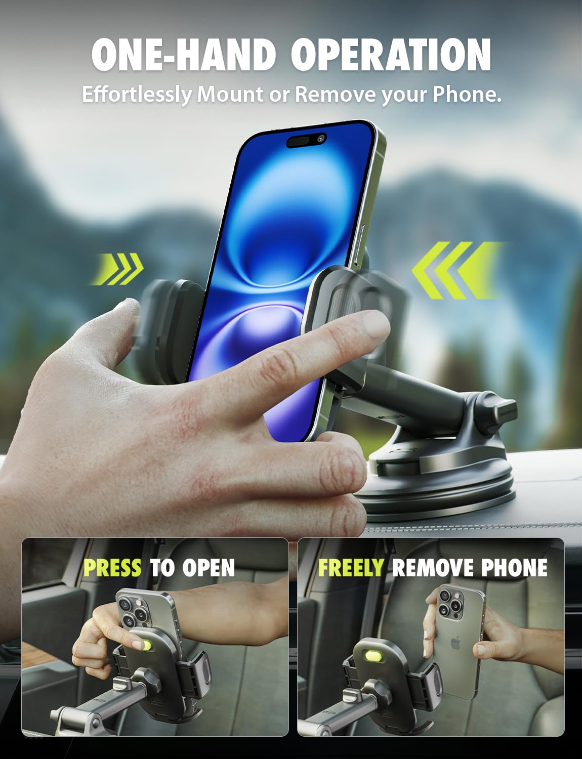 Bracketron TripGrip 2.0 Car Mount, 360° Degree Rotation Phone Holder for iPhone, Samsung, GPS, Ultra Strong Vacuum Suction Cup - Support for Dshboard